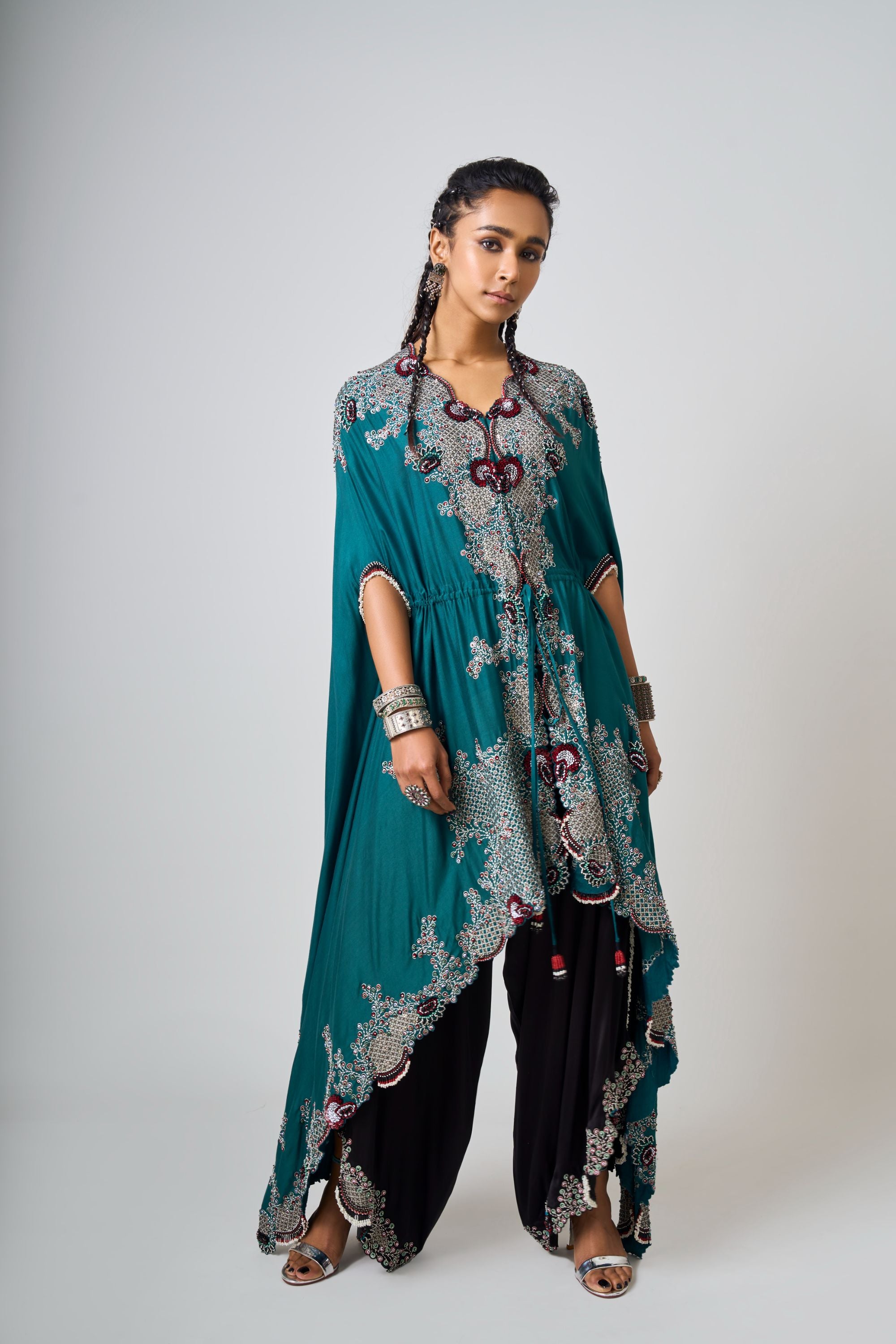 Teal Hand-Embroidered Closed Dupatta Cape With Black Drape Pants