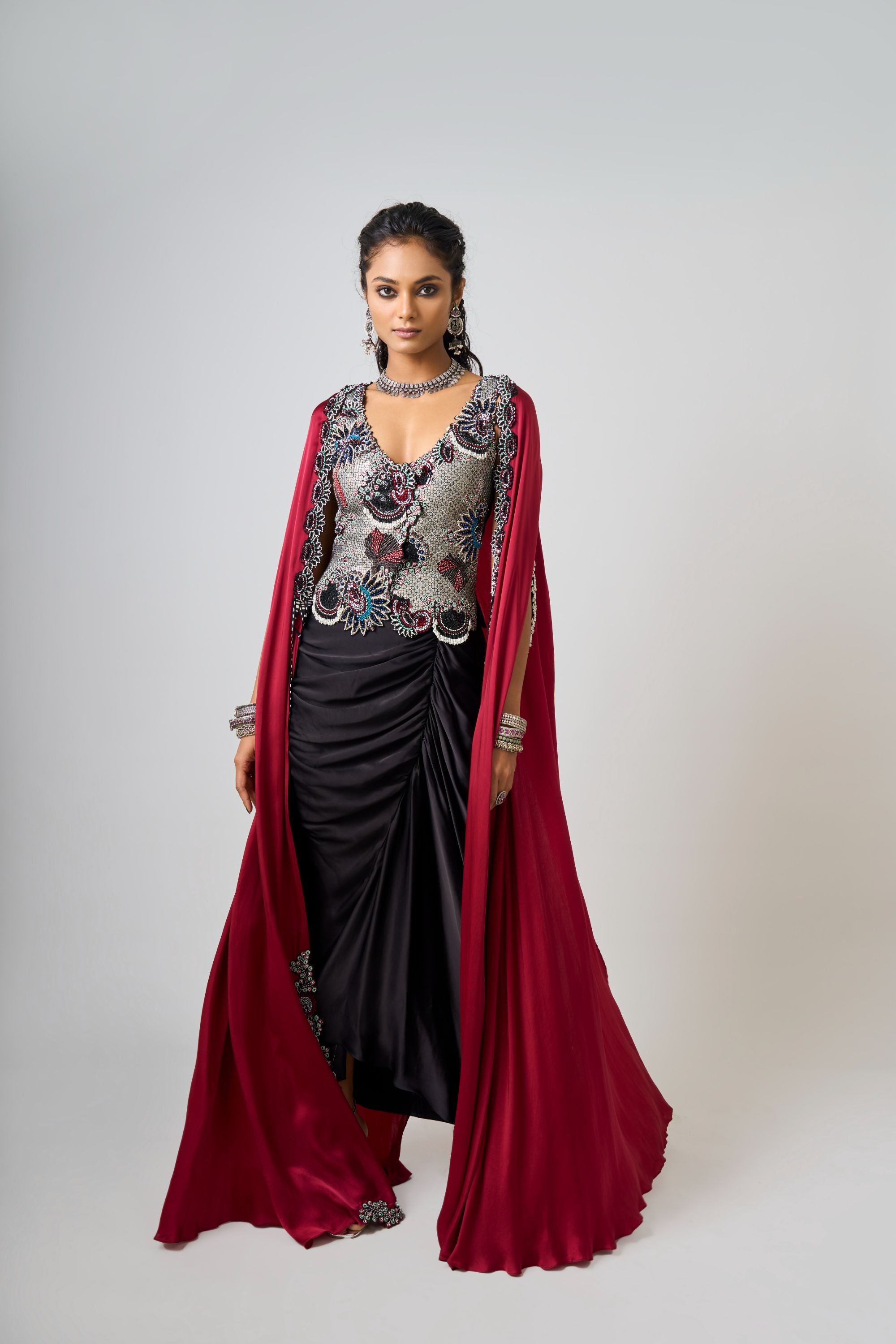 Black Hand-Embroidered Floral Waistcoat With Gather Skirt And Burgundy Slit Cape