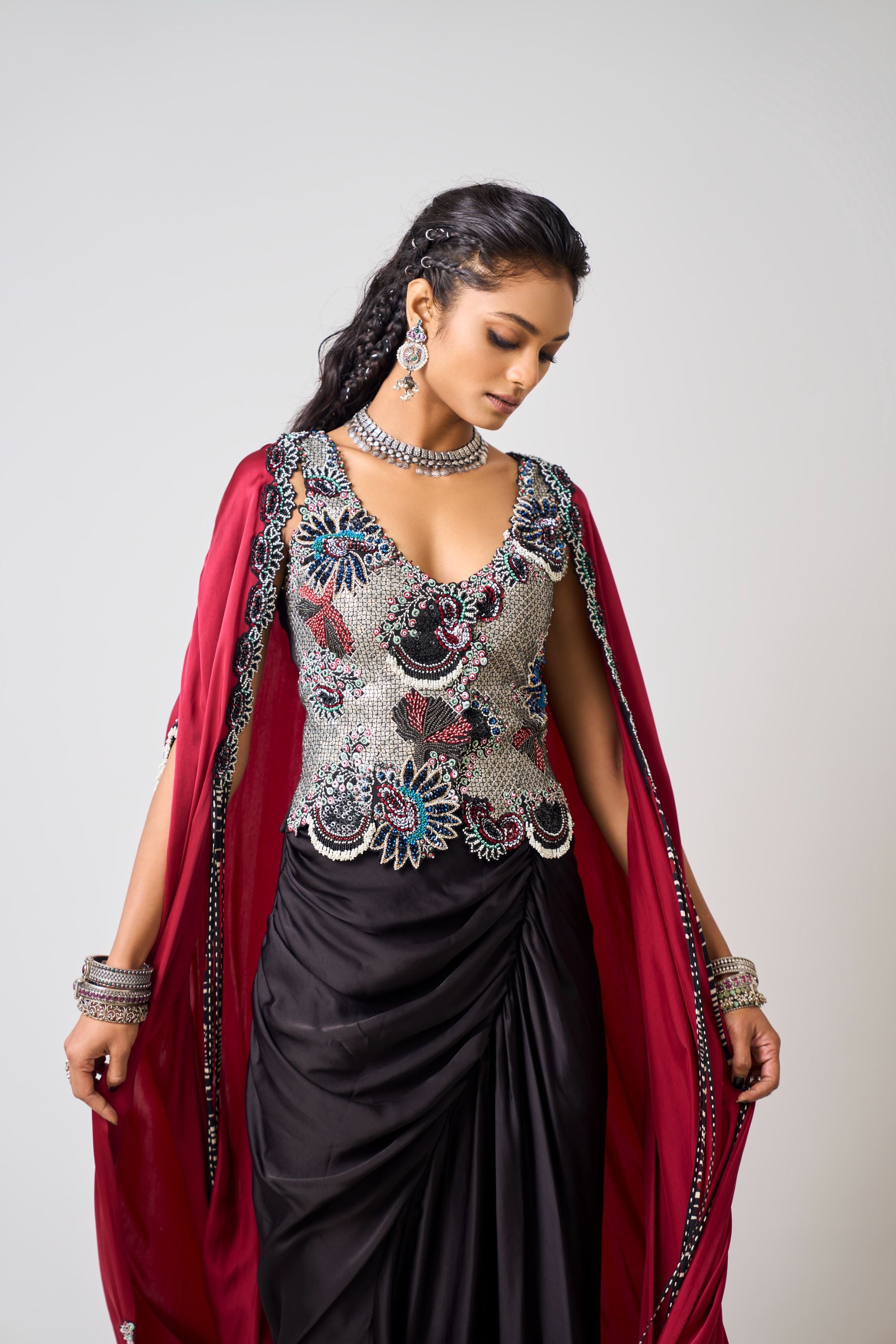 Black Hand-Embroidered Floral Waistcoat With Gather Skirt And Burgundy Slit Cape