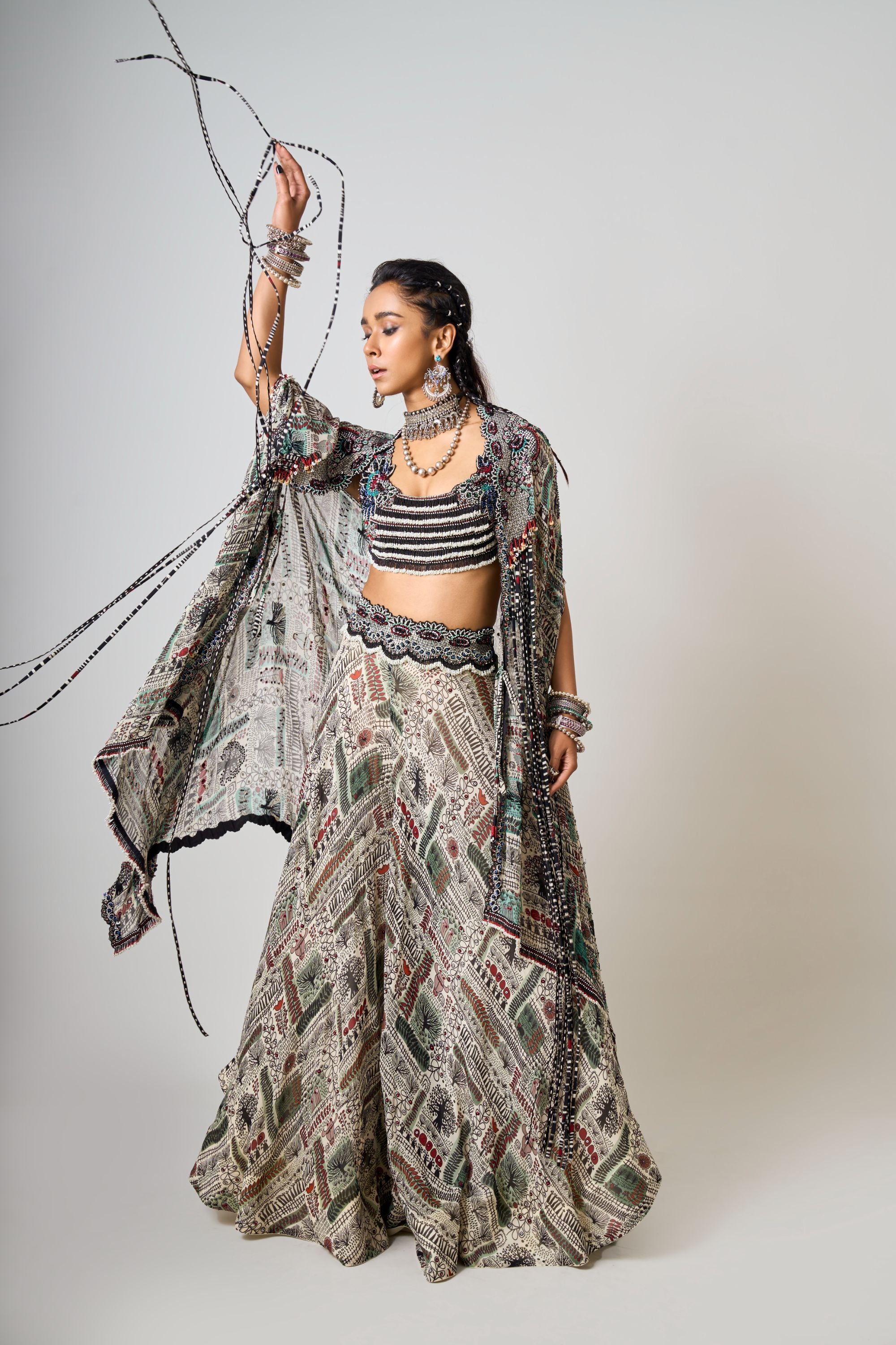 Off-White Printed & Hand-Embroidered Dupatta Cape With Floral Blouse And Circular Pants
