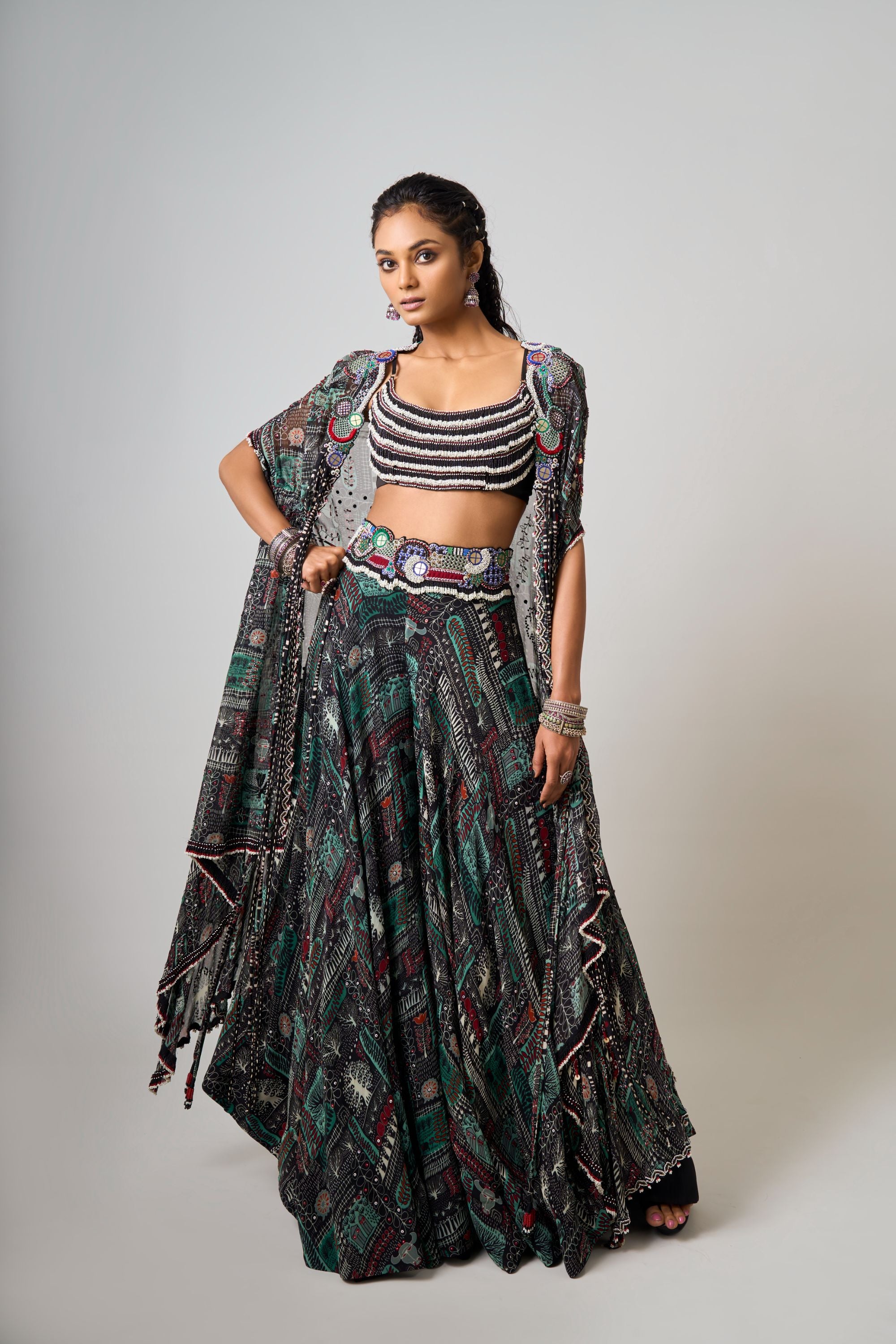 Black Printed & Hand-Embroidered Dupatta Cape With Tribal Blouse And Lehenga