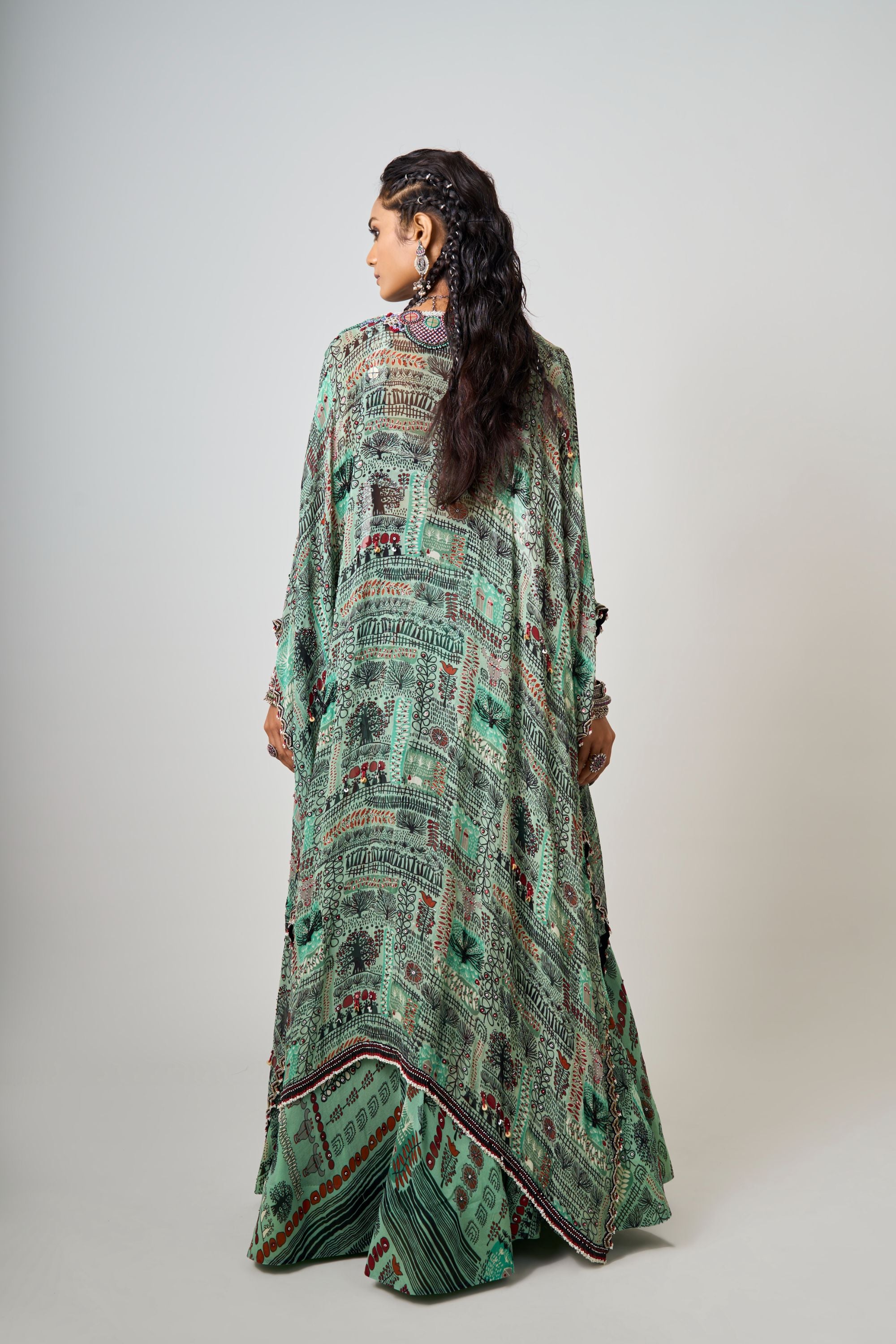 Mint Kaftan Printed & Hand-Embroidered Kaftan Jacket With Tribal Blouse And Lehenga