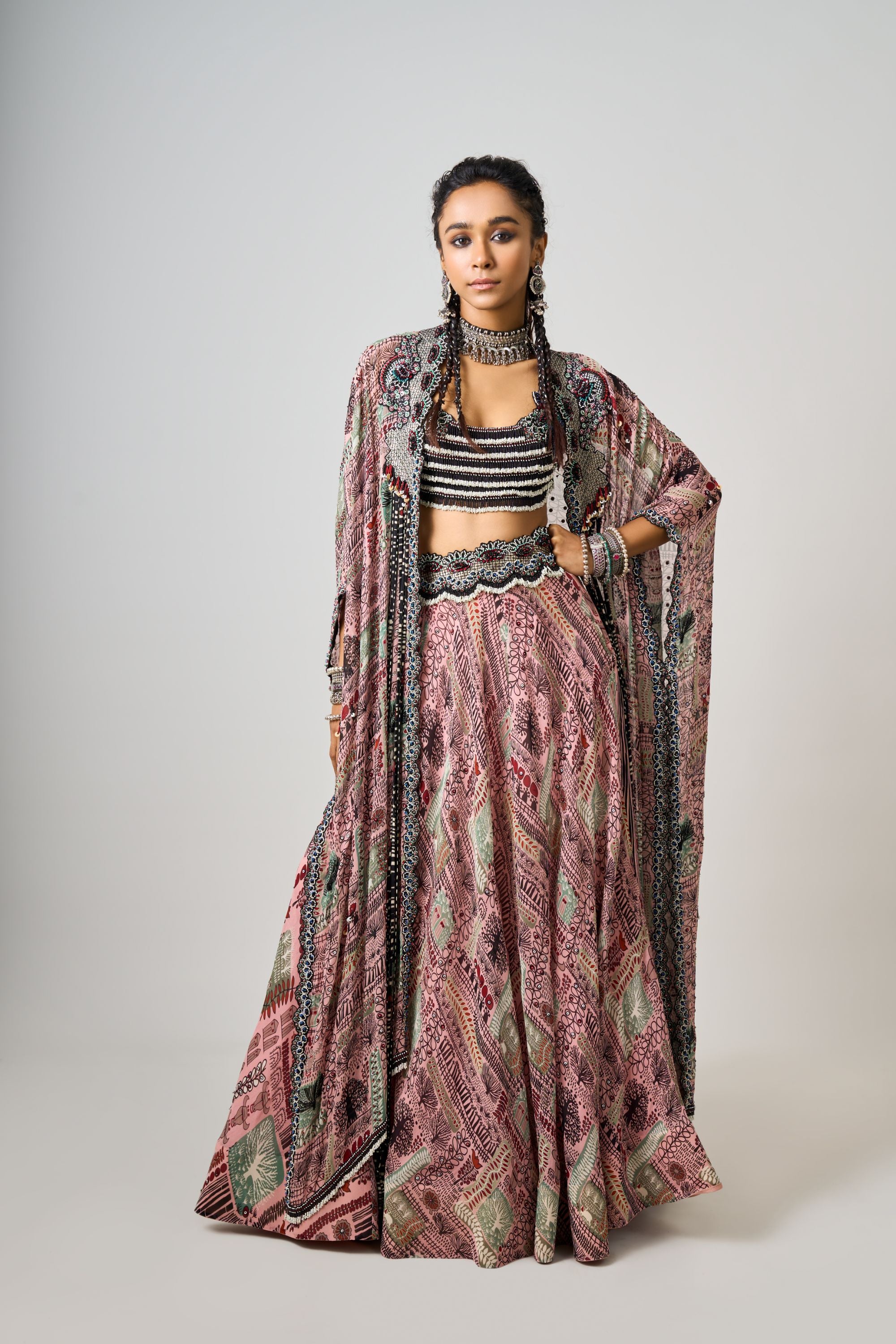 Old Rose Printed & Hand-Embroidered Kaftan Jacket With Floral Blouse And Lehenga