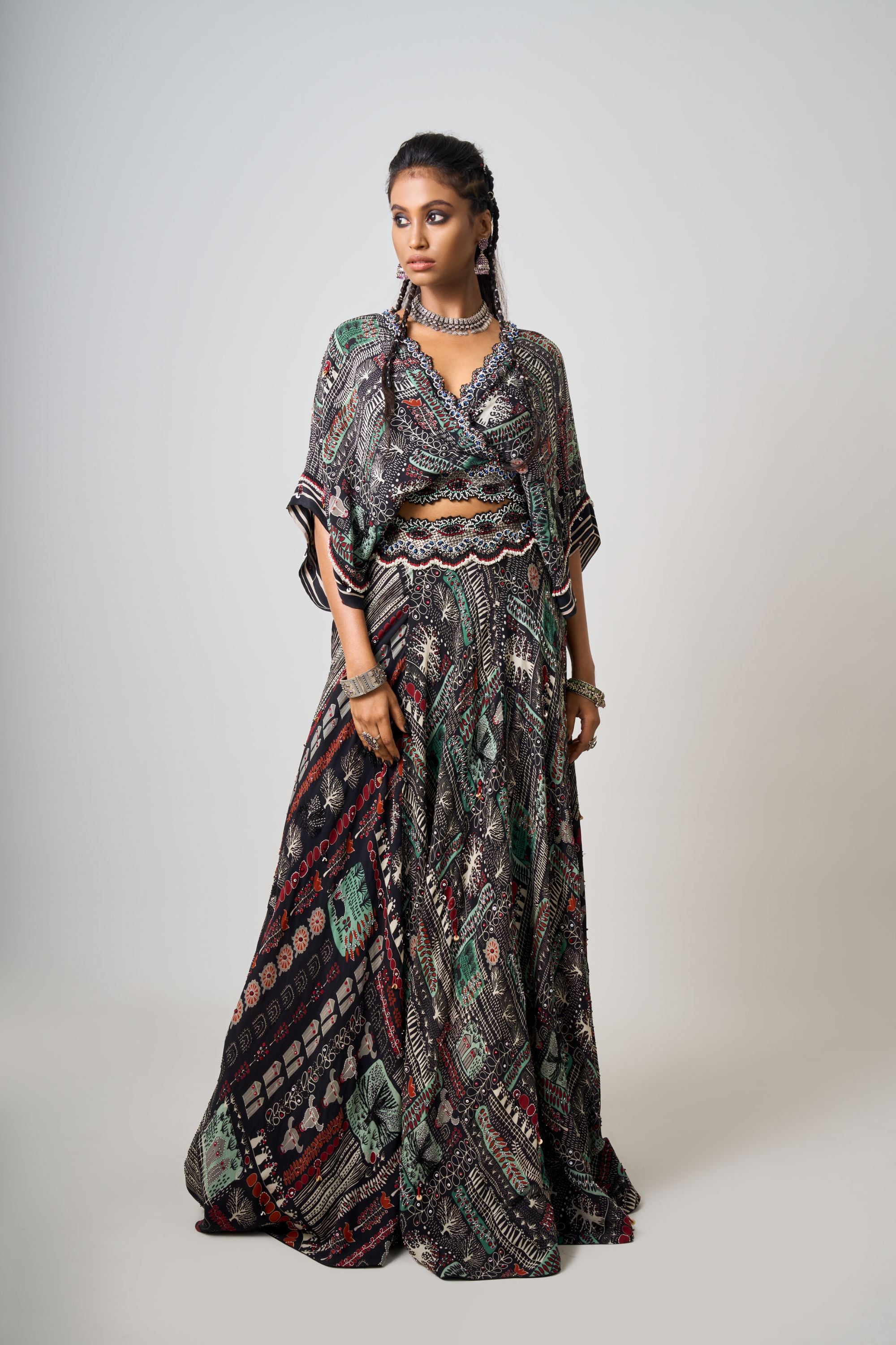 Black Printed & Hand-Embroidered Kaftan Top With Lehenga