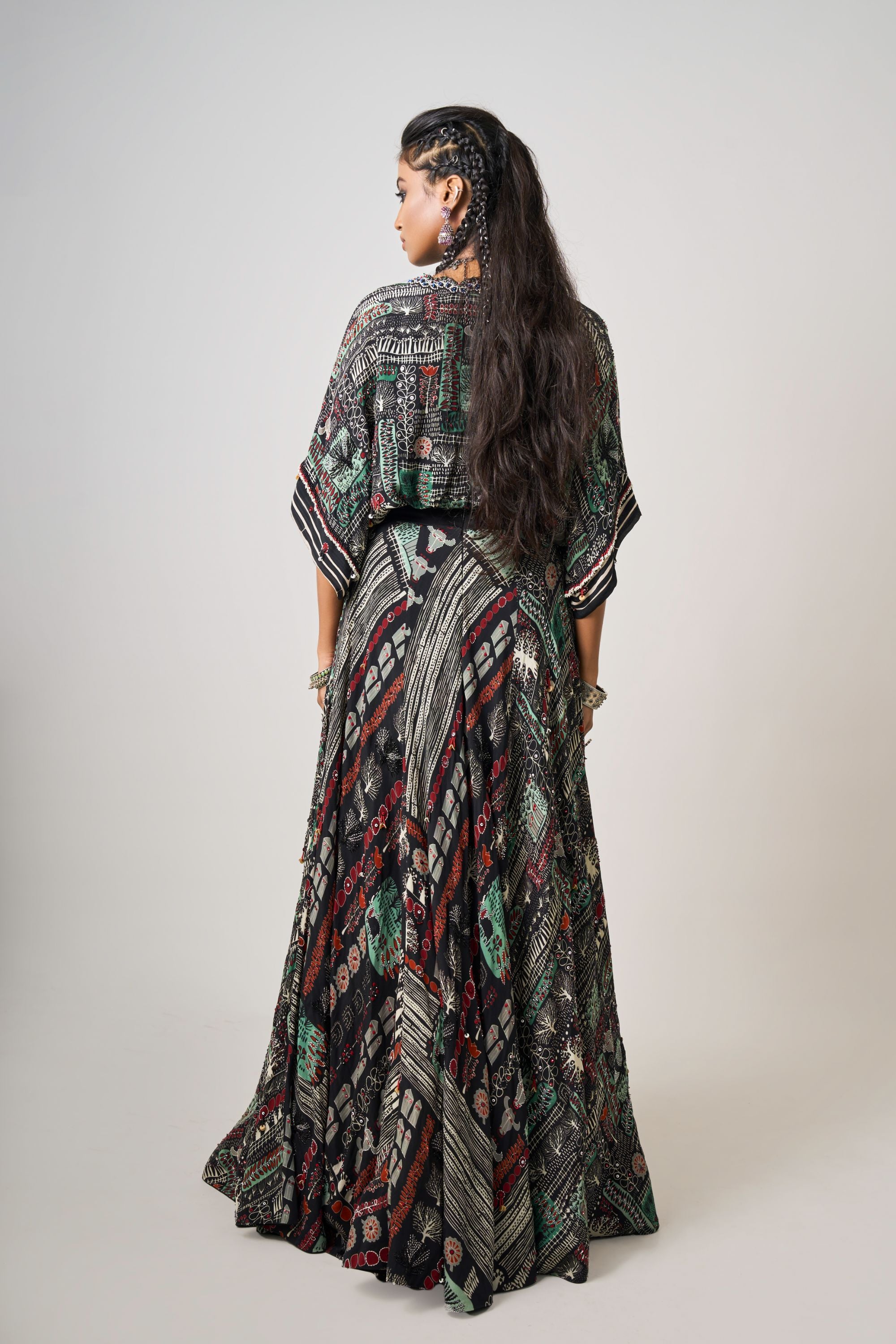 Black Printed & Hand-Embroidered Kaftan Top With Lehenga
