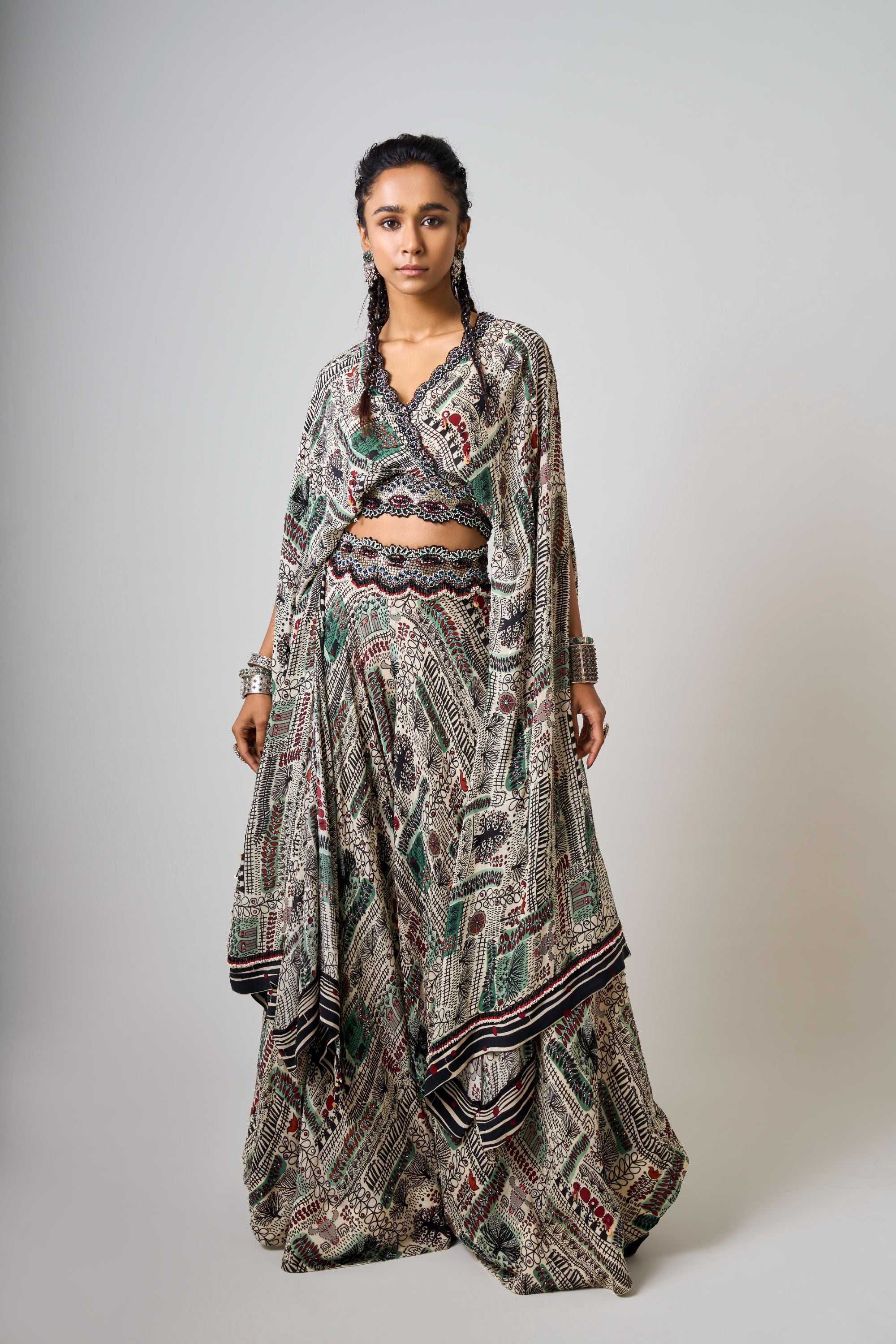 Off-White Printed & Hand-Embroidered Long Kaftan Top With Circular Pants