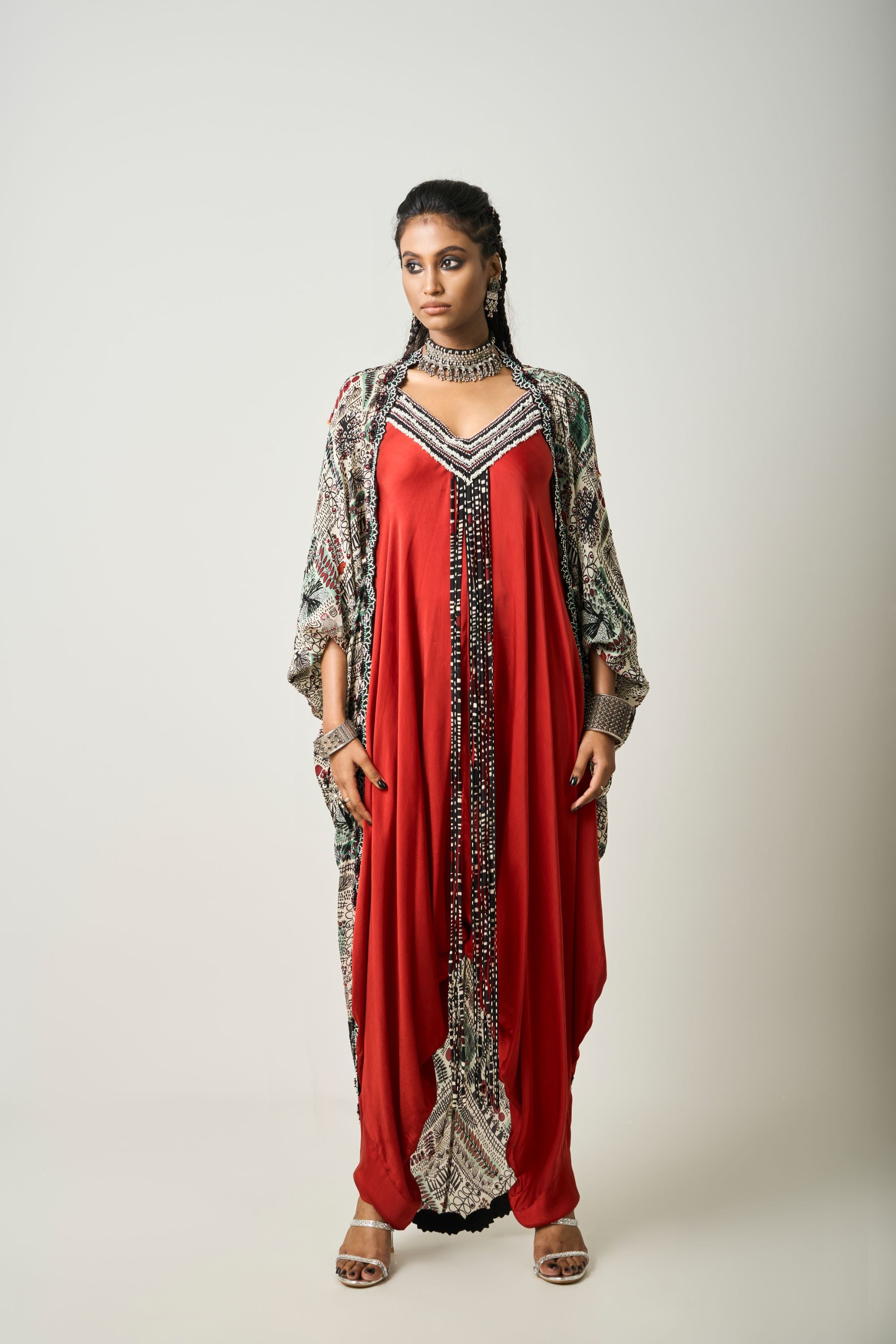 Off-White Printed & Hand-Embroidered Gather Kite With Rust Orange Draped Jumpsuit