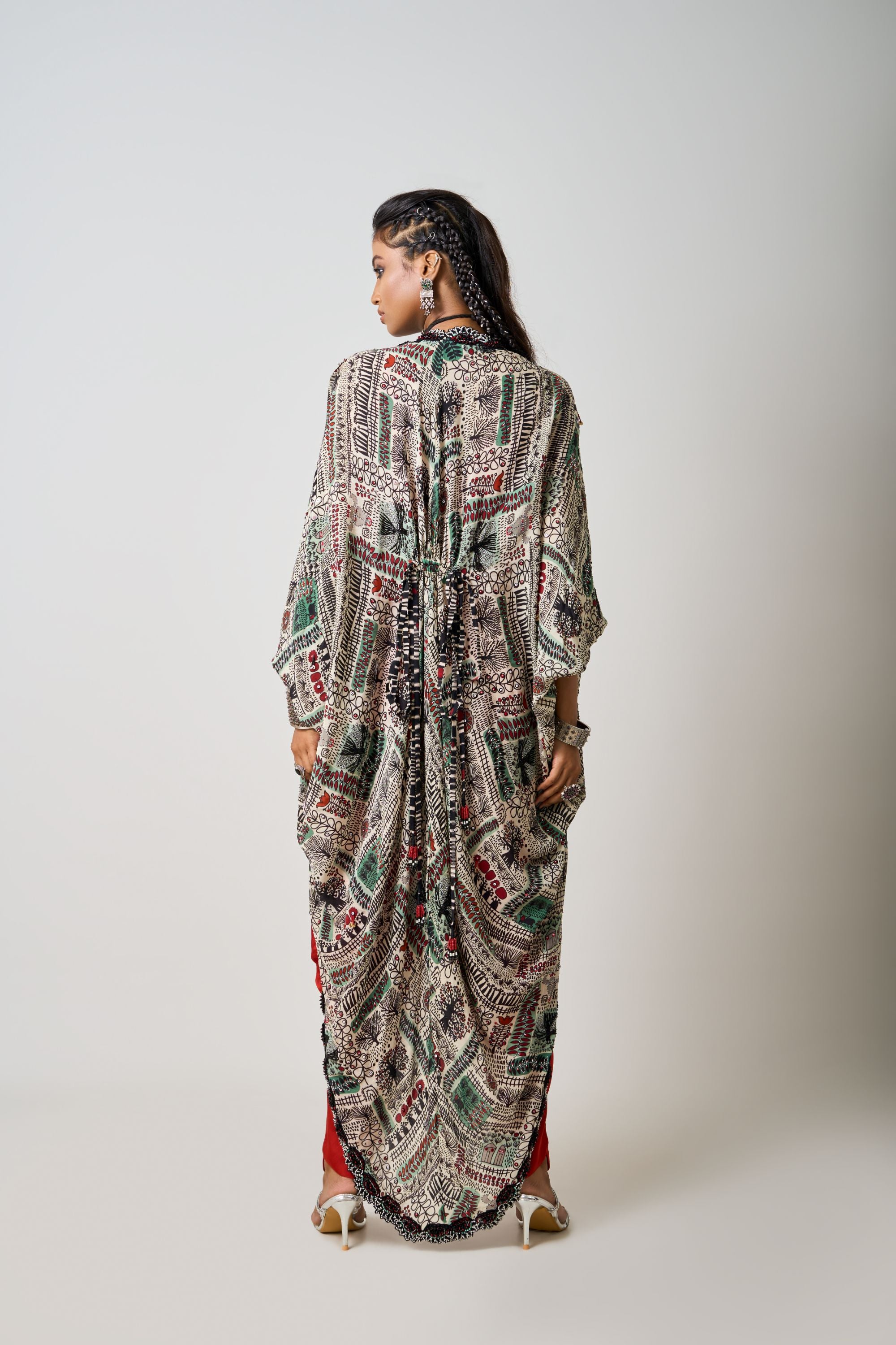 Off-White Printed & Hand-Embroidered Gather Kite With Rust Orange Draped Jumpsuit