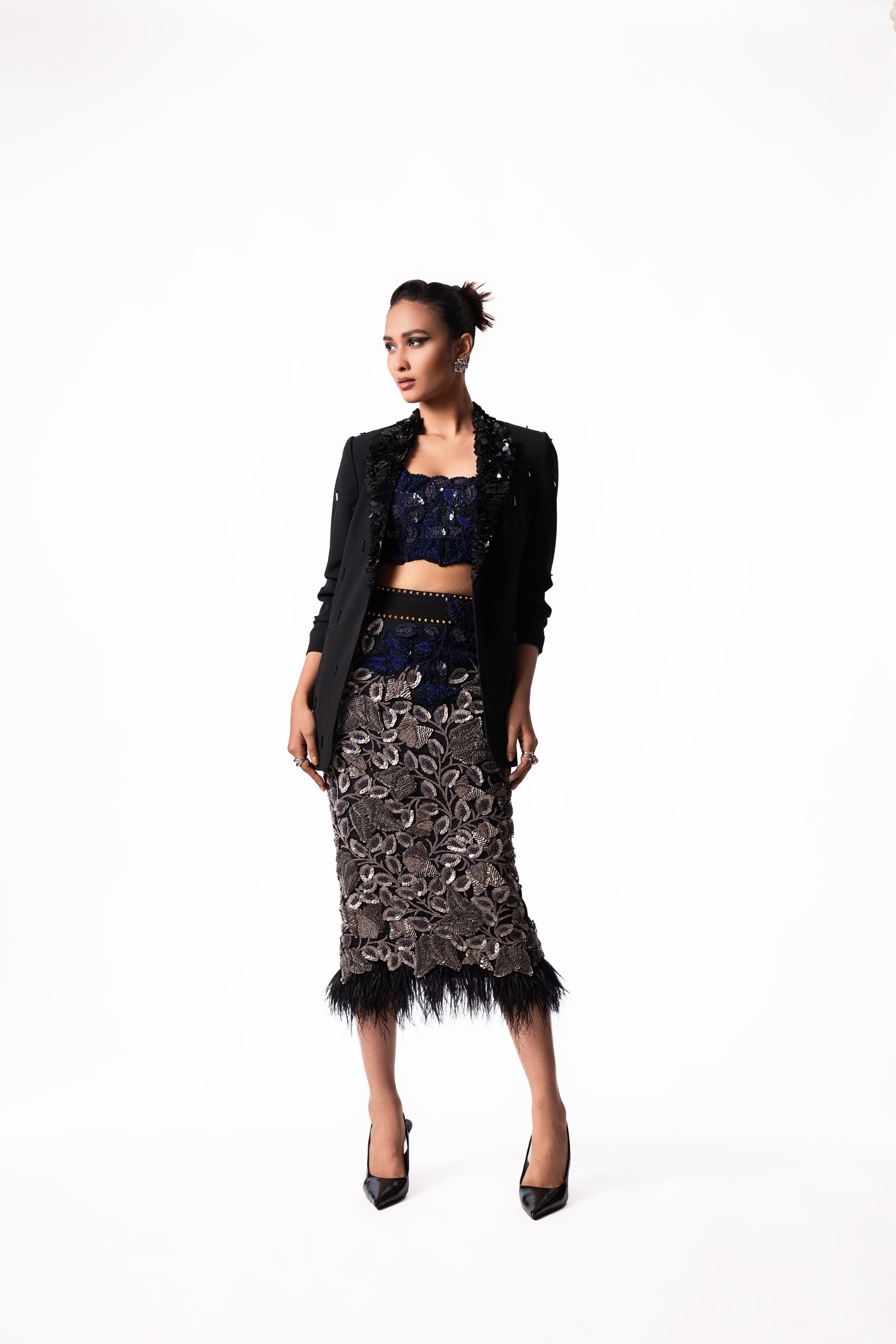 Navy Sequin Feather Bustier Skirt Set