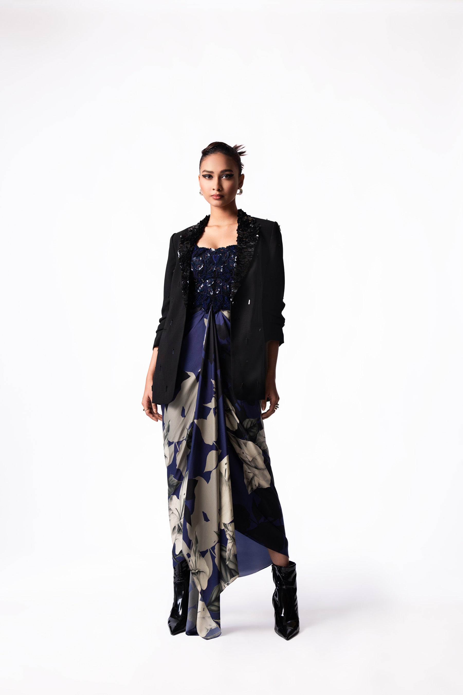 Navy Printed Satin Draped Bustier Dress