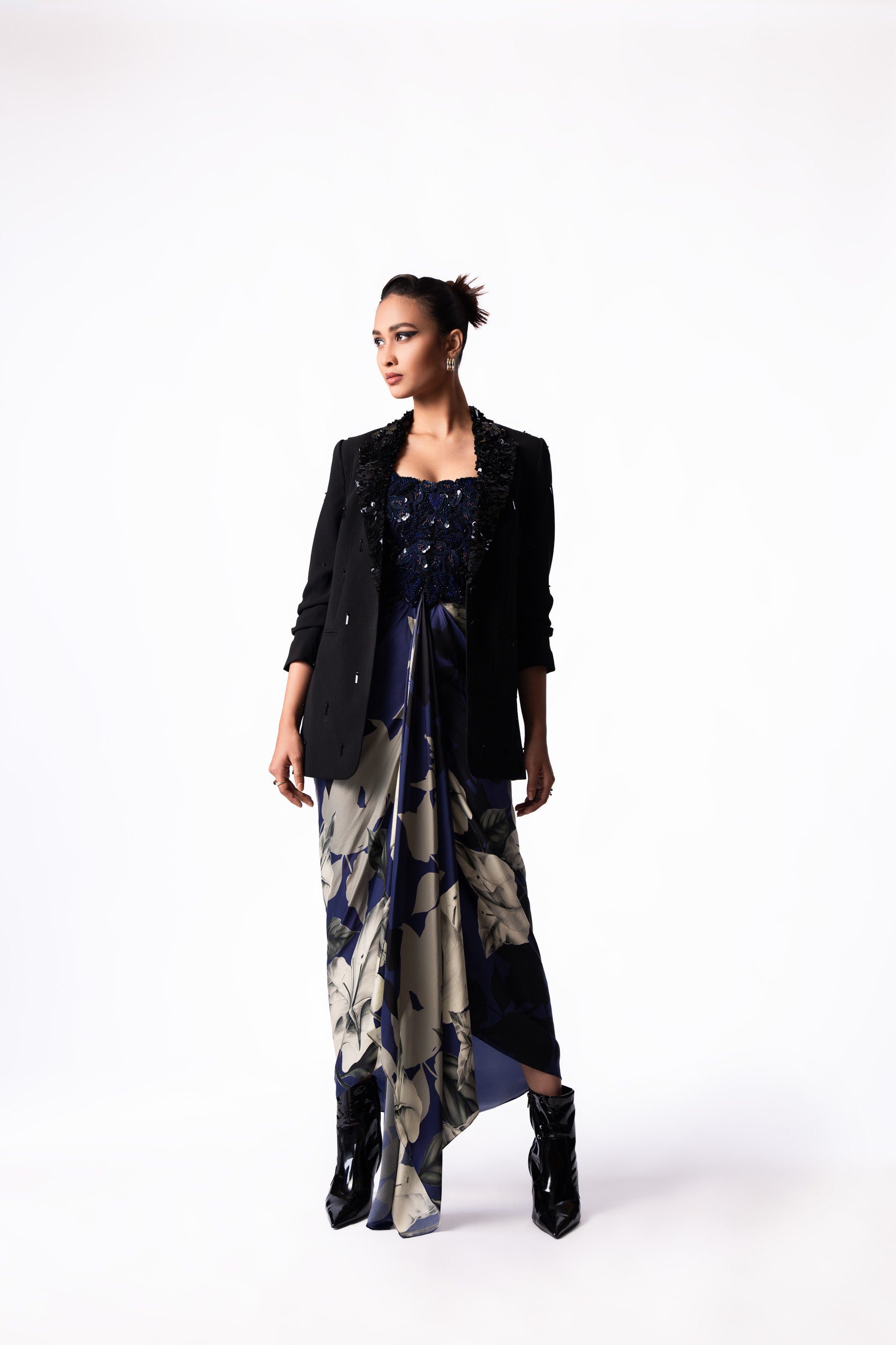 Navy Printed Satin Draped Bustier Dress