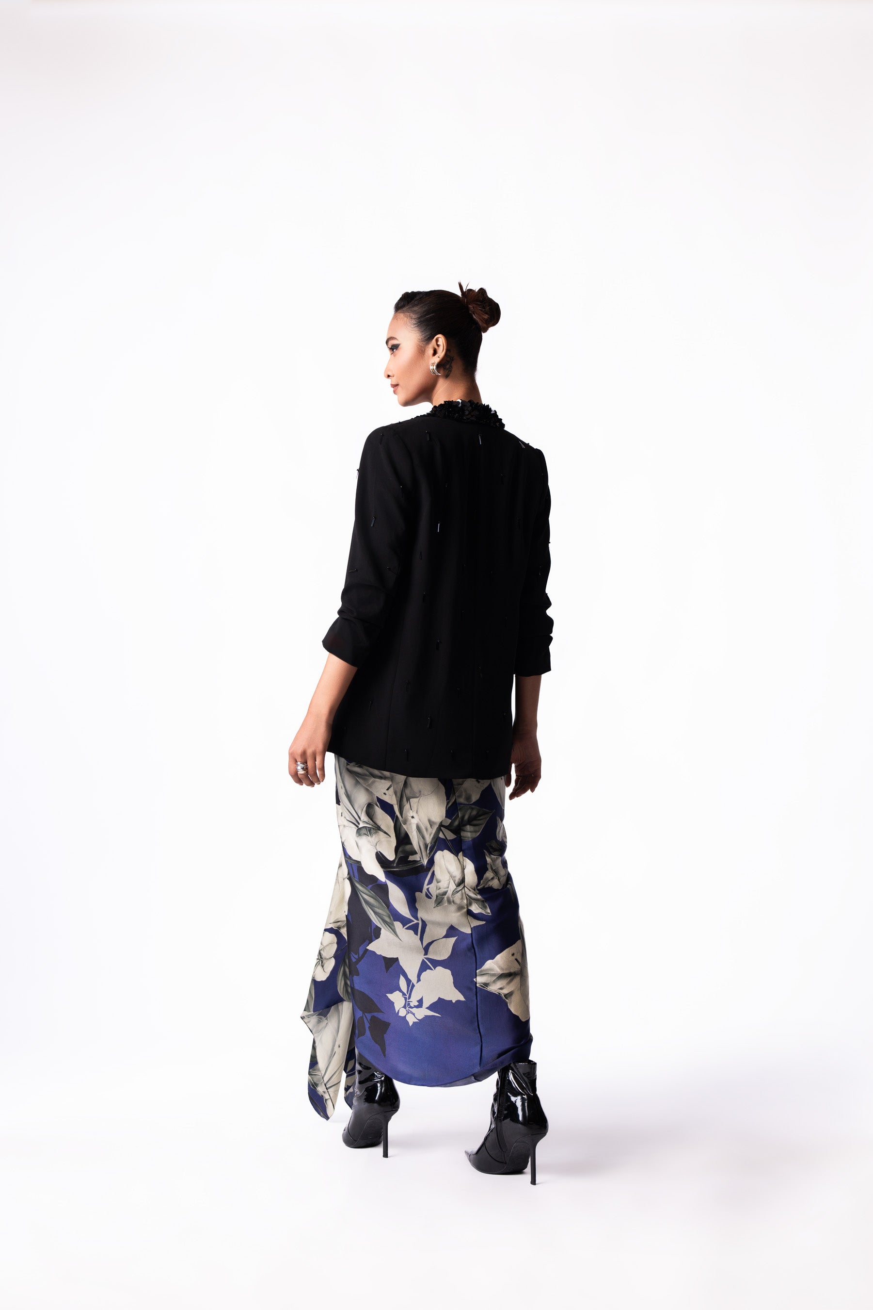 Navy Printed Satin Draped Bustier Dress