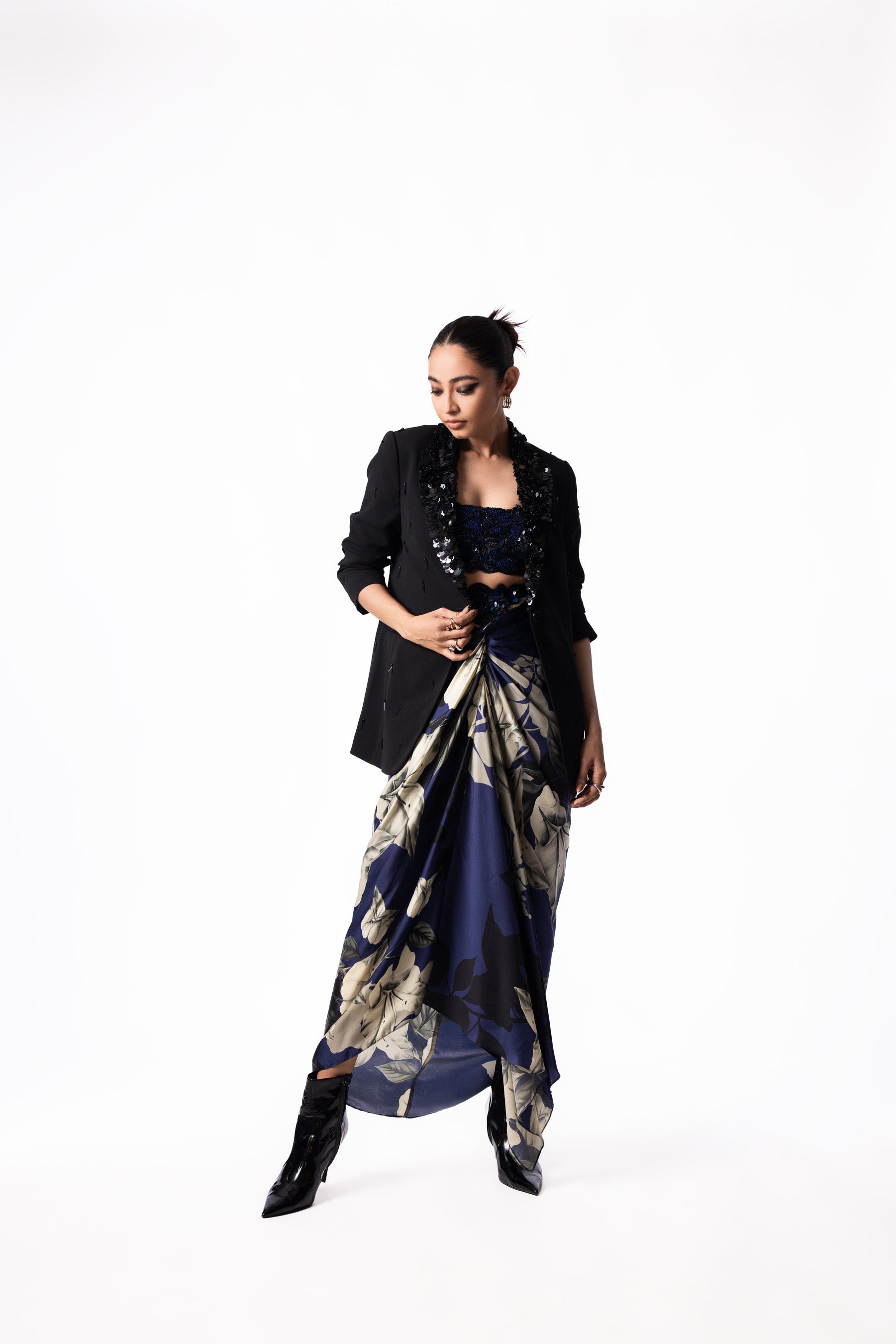 Navy Sequin Bustier Printed Skirt Set
