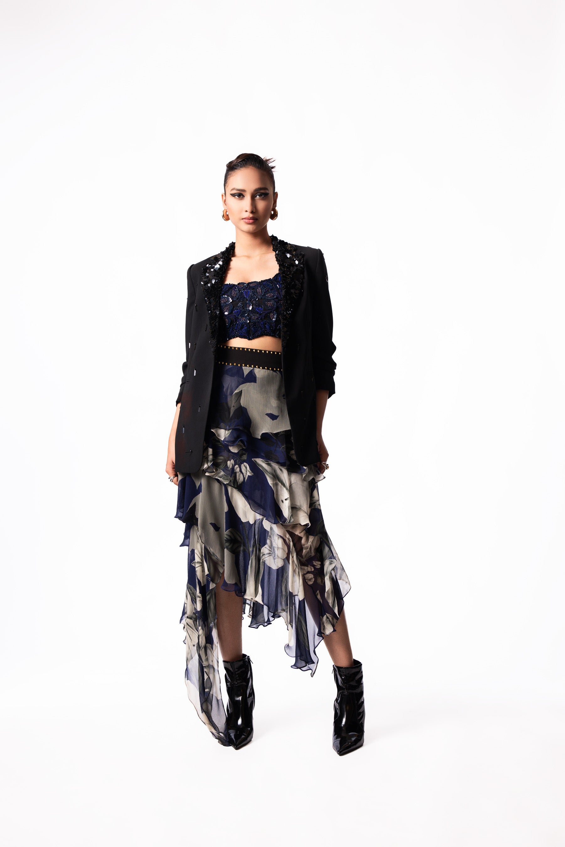 Navy Sequin Bustier Chiffon Ruffle Skirt Set
