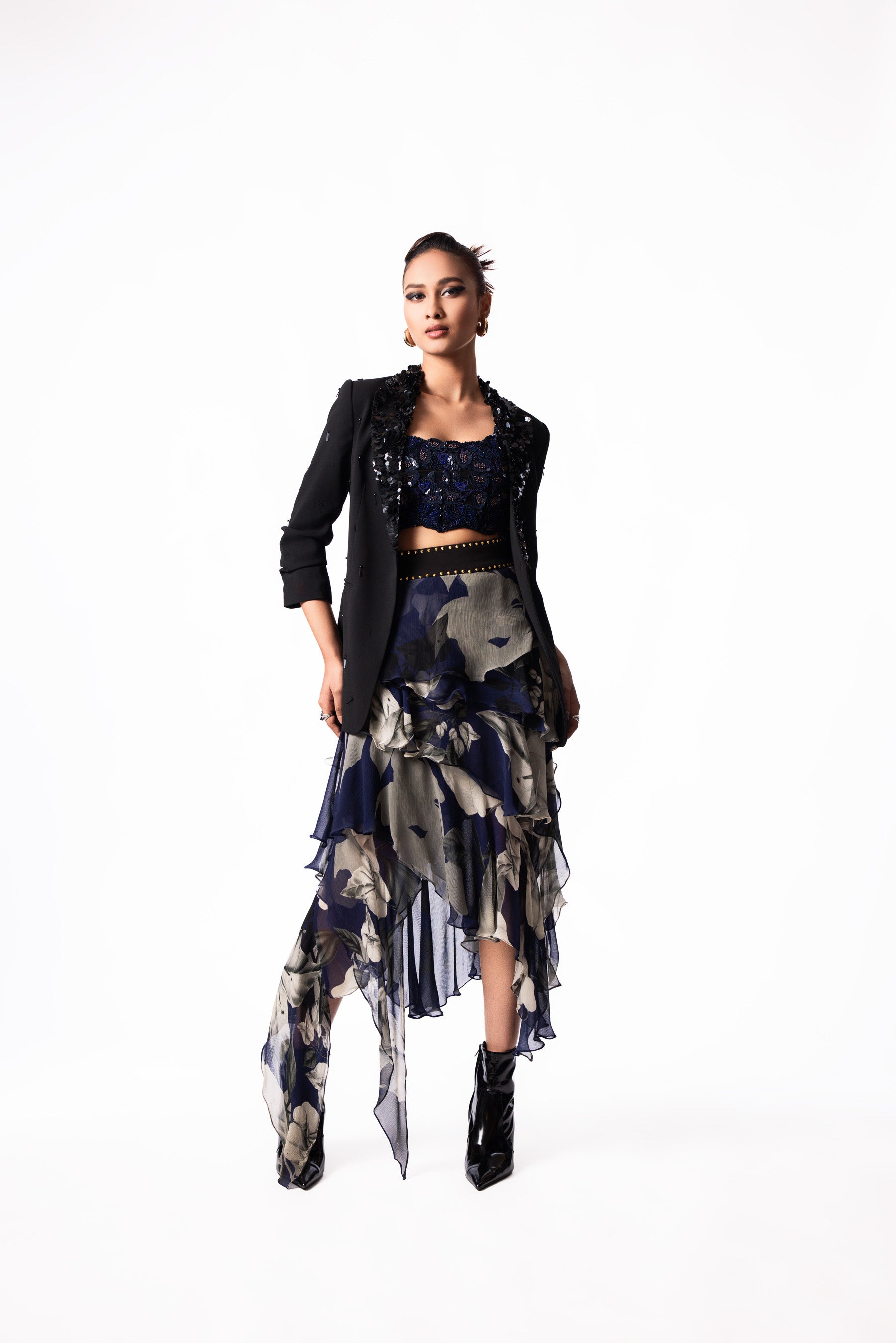 Navy Sequin Bustier Chiffon Ruffle Skirt Set
