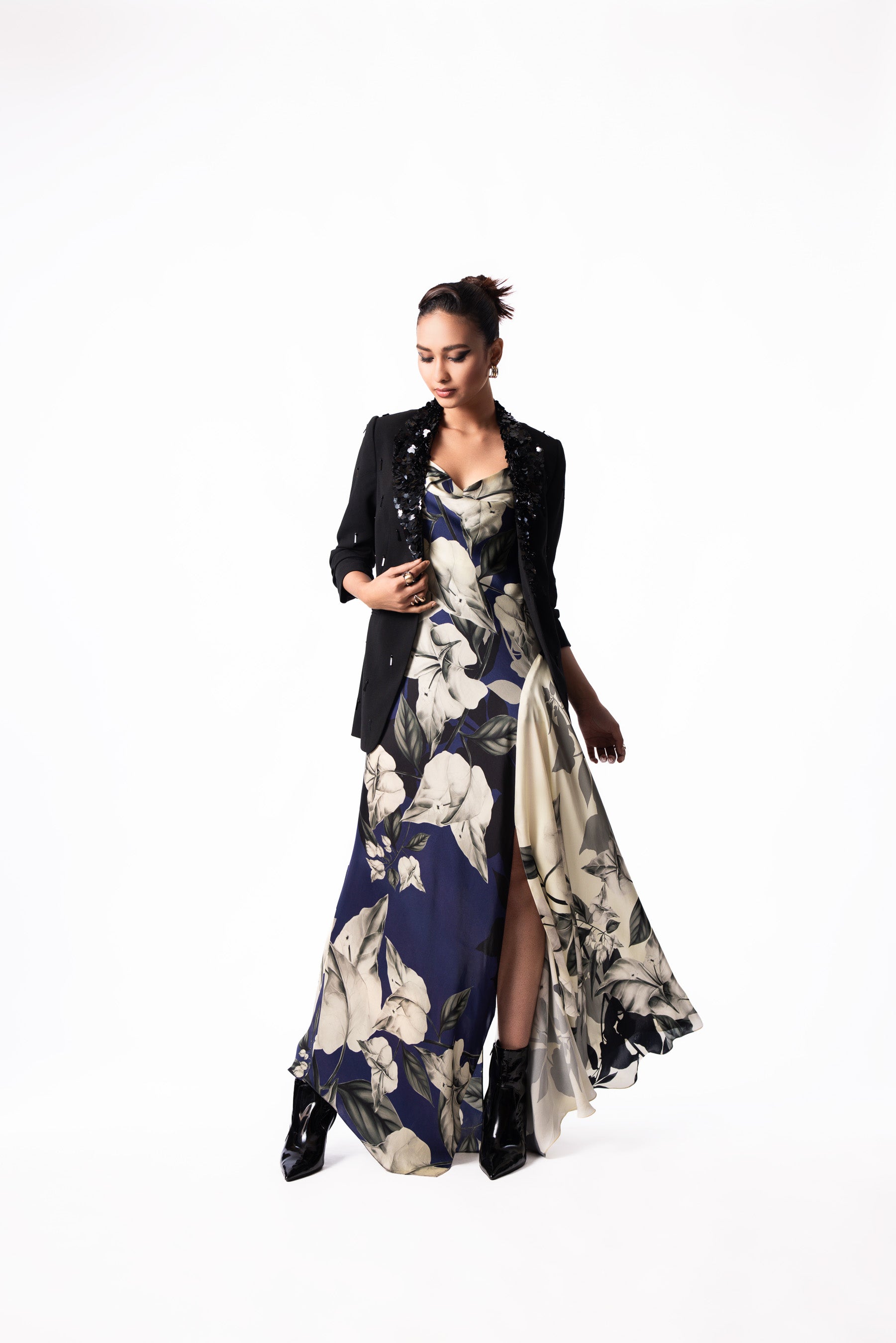 Navy Printed Satin Cowl Dress
