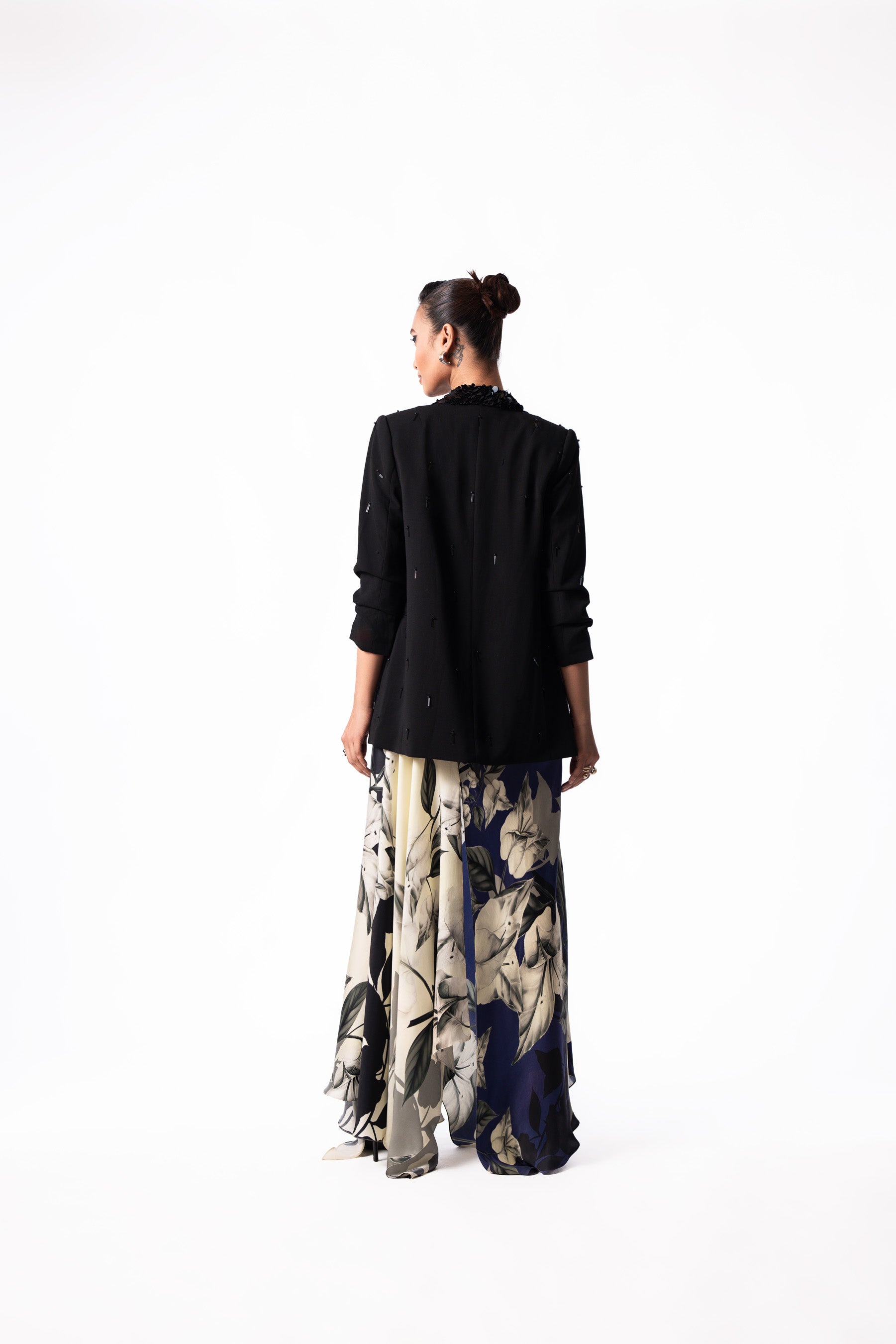 Navy Printed Satin Cowl Dress