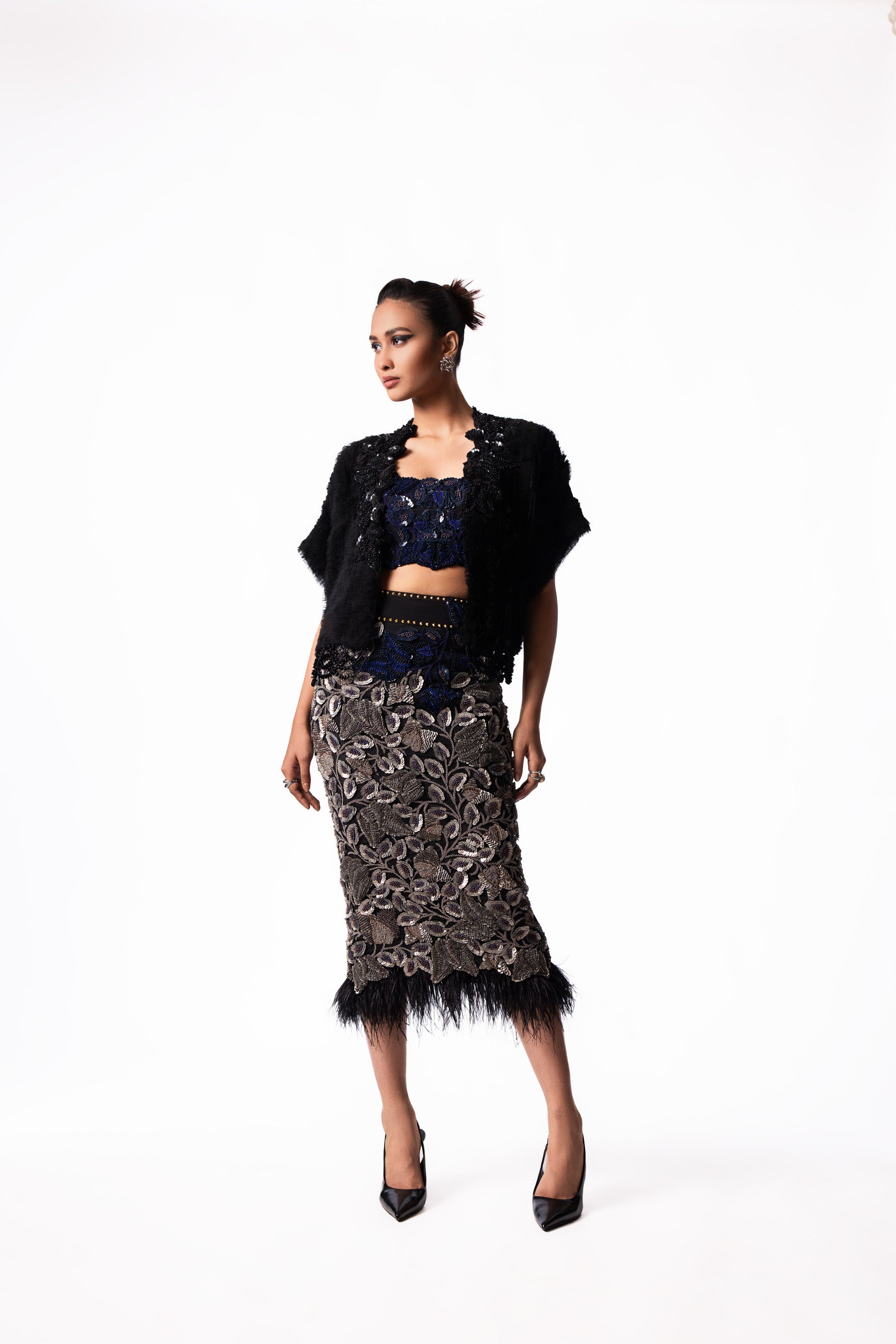 Navy Sequin Feather Bustier Gilet Set