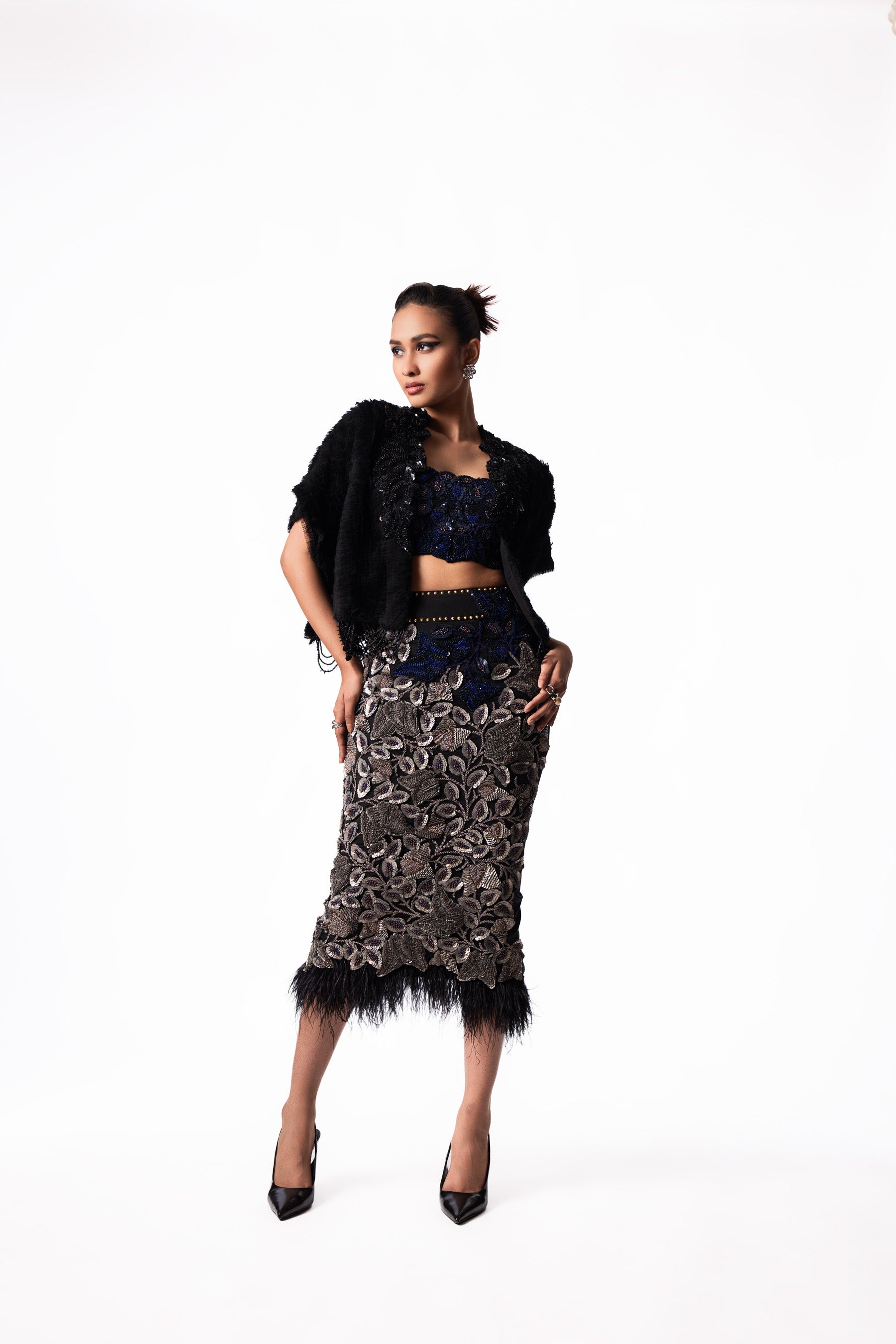 Navy Sequin Feather Bustier Gilet Set