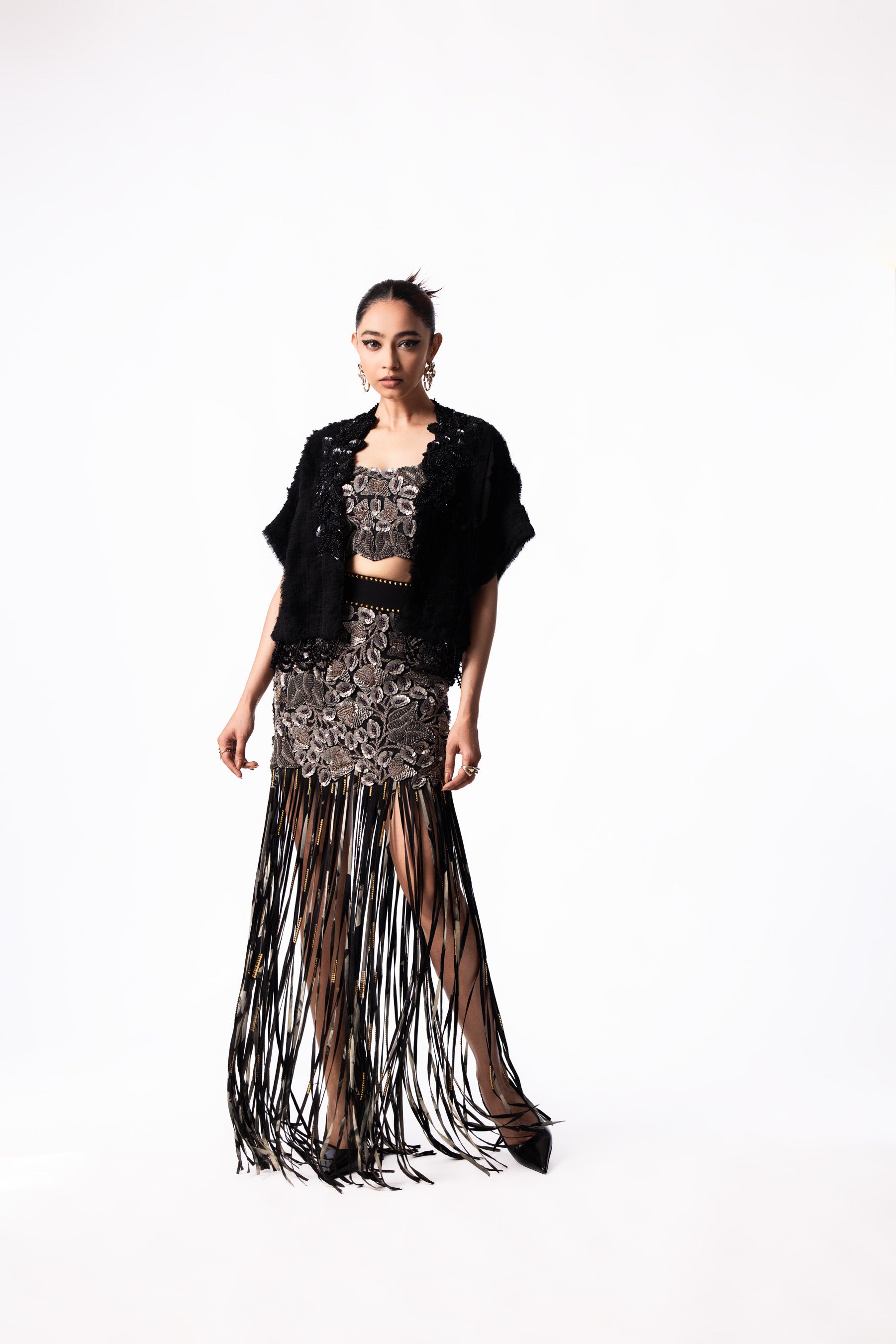 Silver Sequin Bustier Fringe Skirt Set