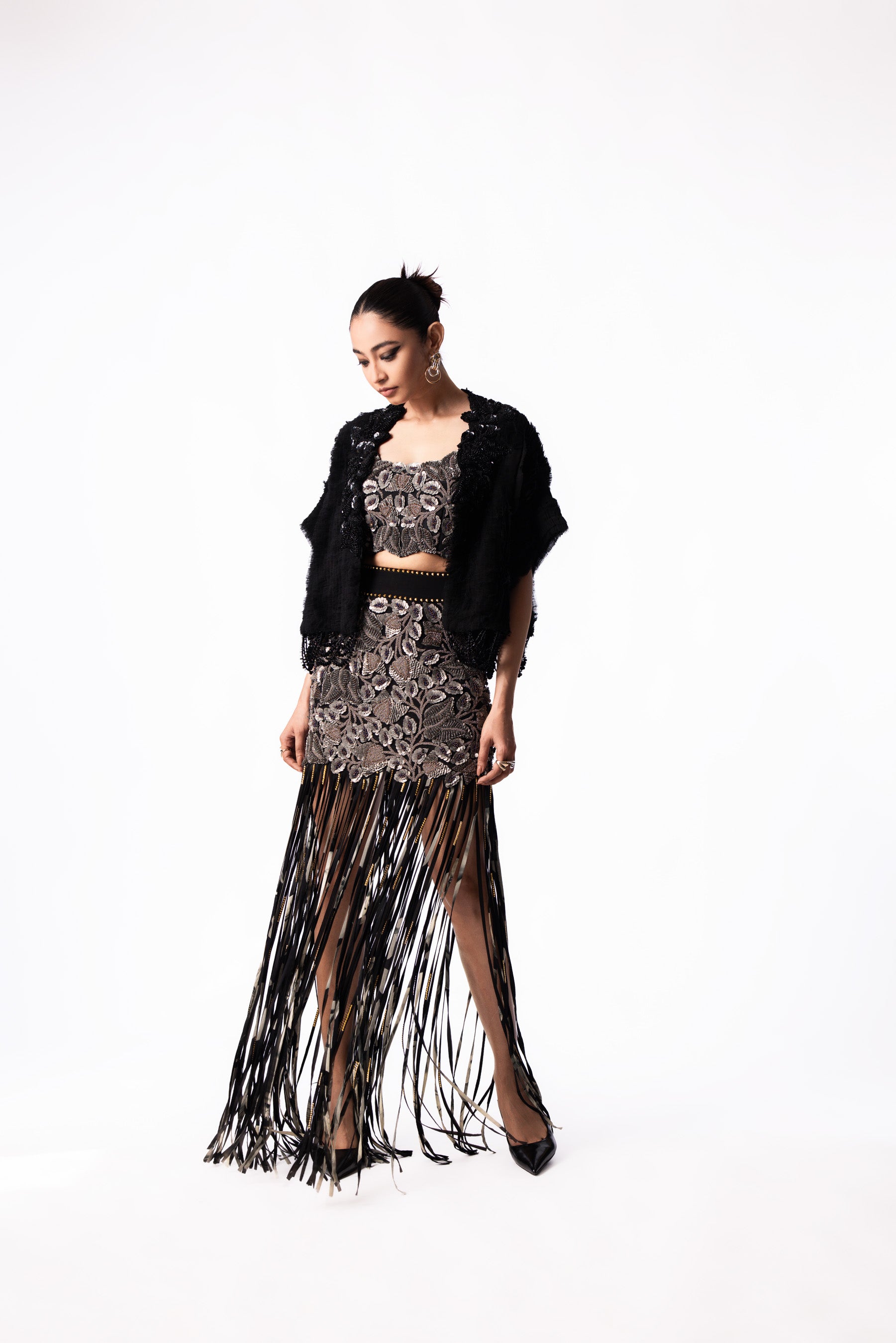 Silver Sequin Bustier Fringe Skirt Set