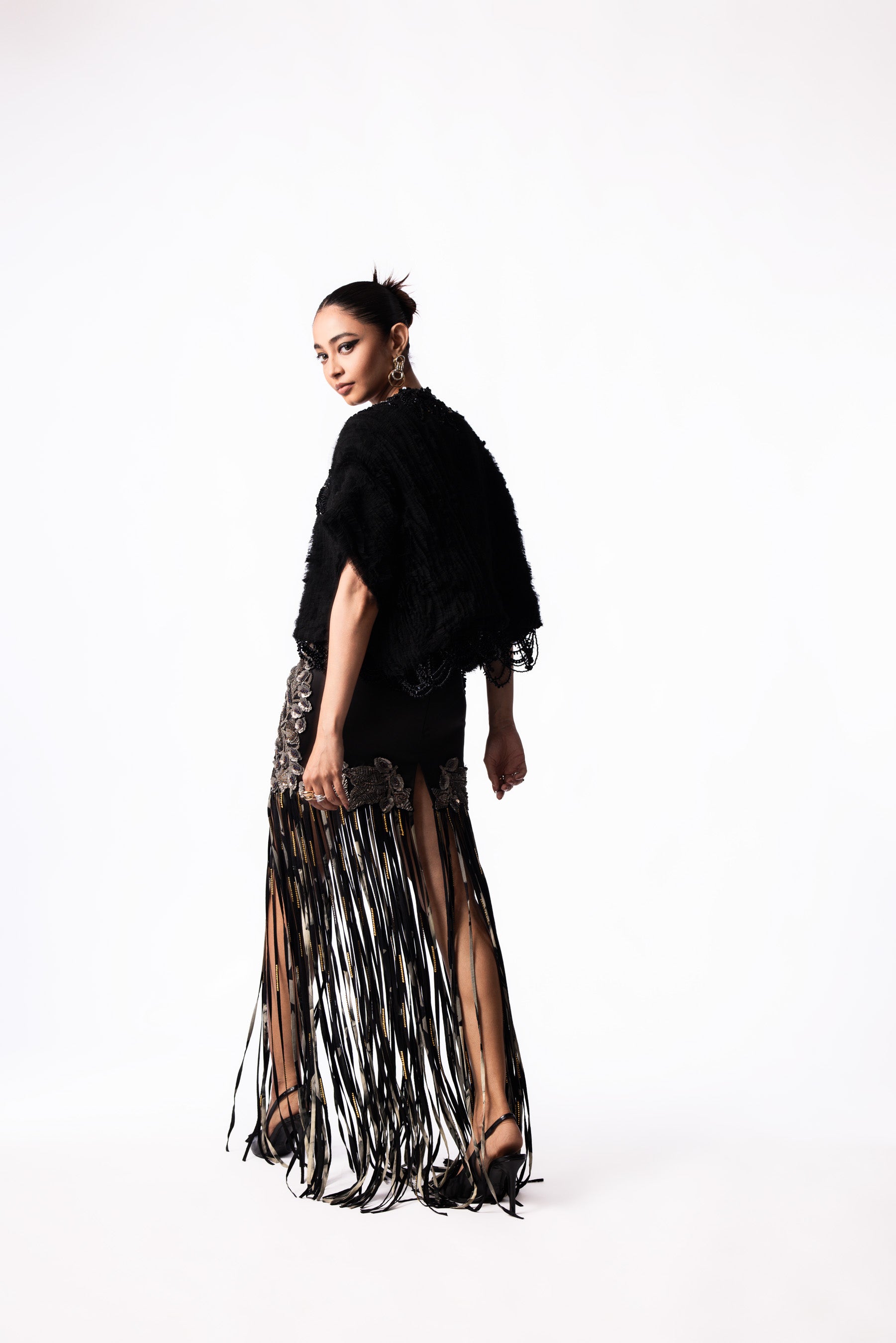 Silver Sequin Bustier Fringe Skirt Set