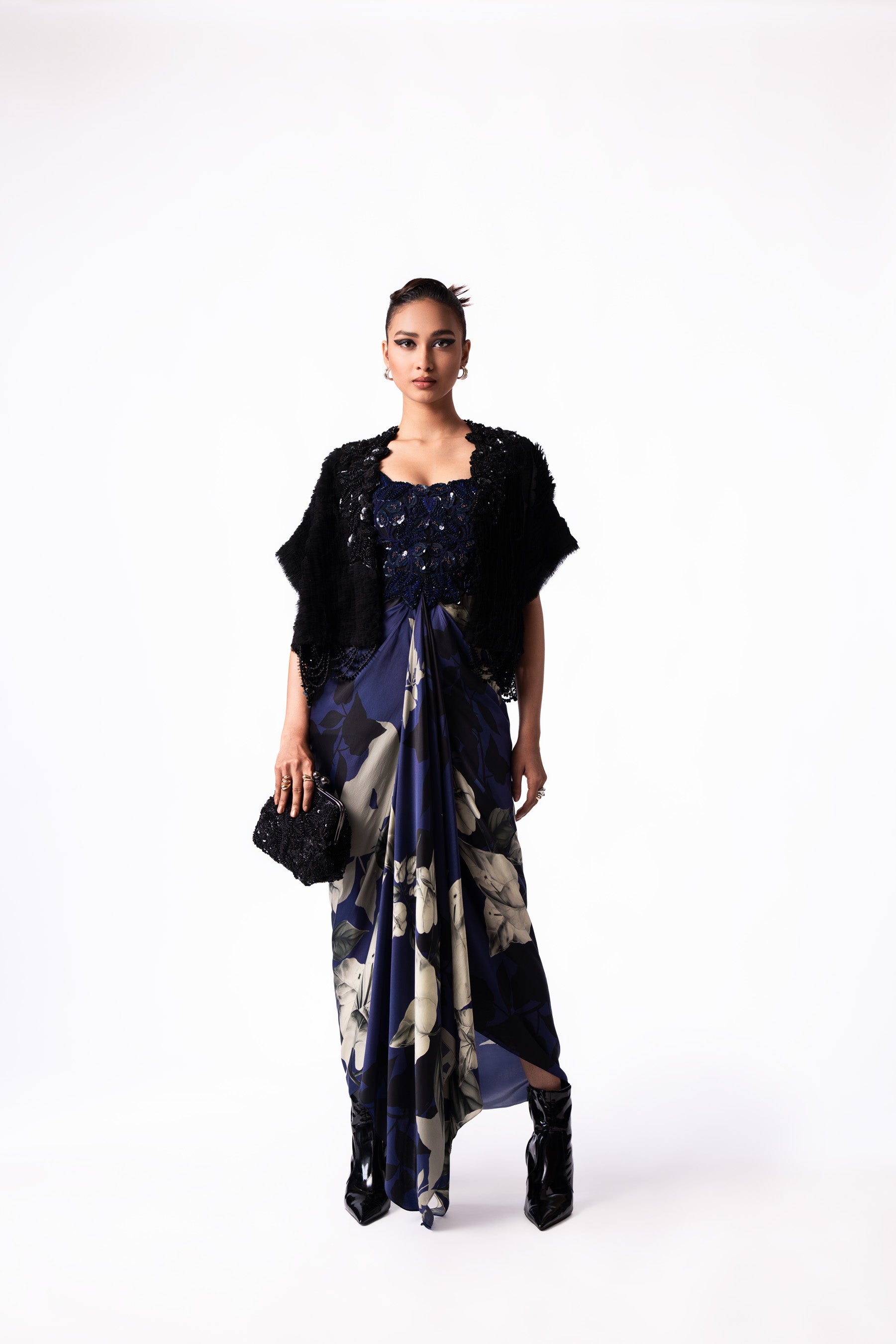 Navy Printed Satin Draped Bustier Gilet Dress
