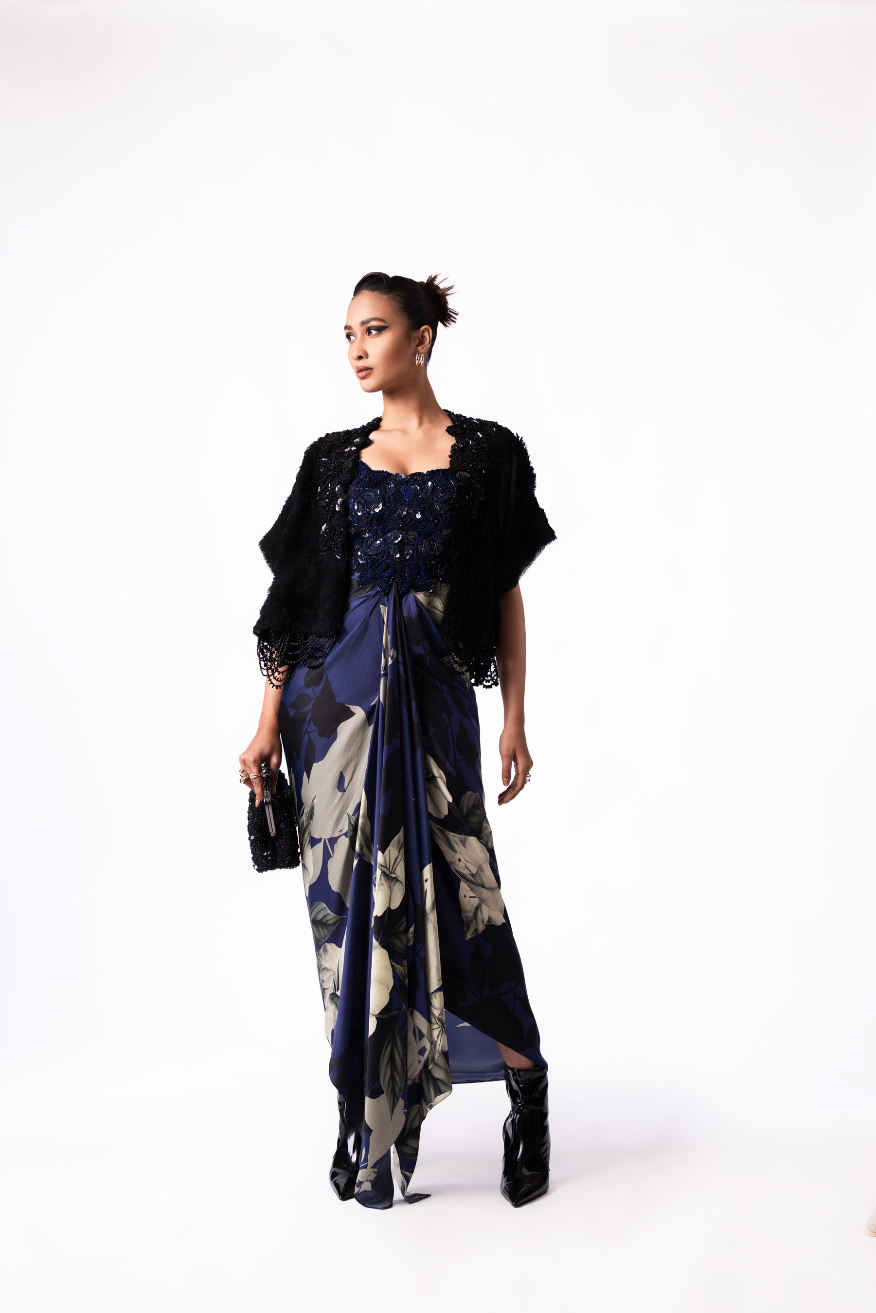 Navy Printed Satin Draped Bustier Gilet Dress