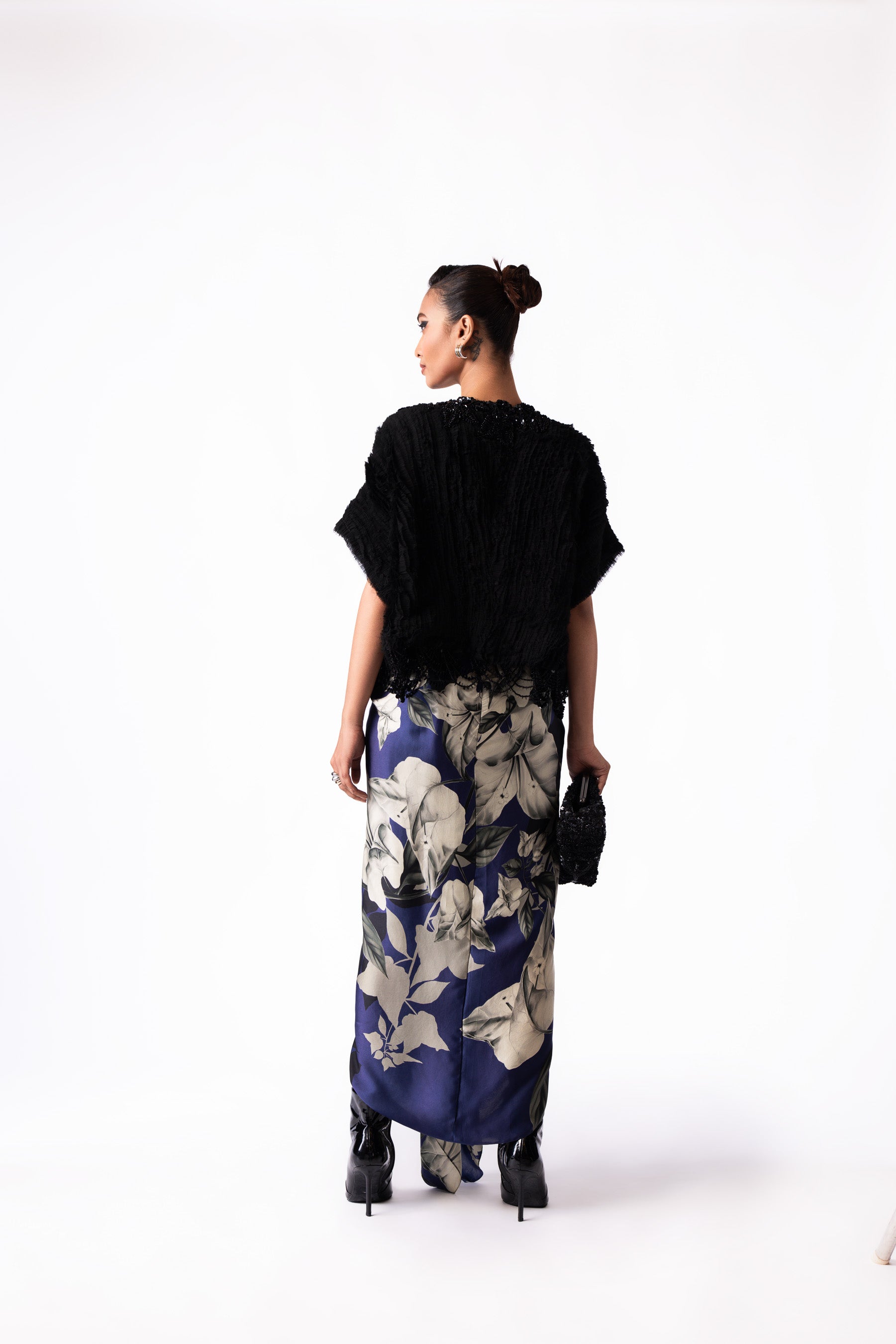 Navy Printed Satin Draped Bustier Gilet Dress