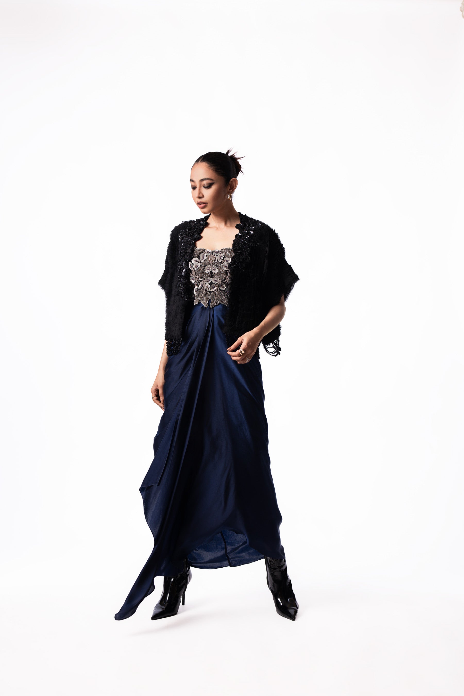 Silver Sequin Draped Bustier Gilet Dress