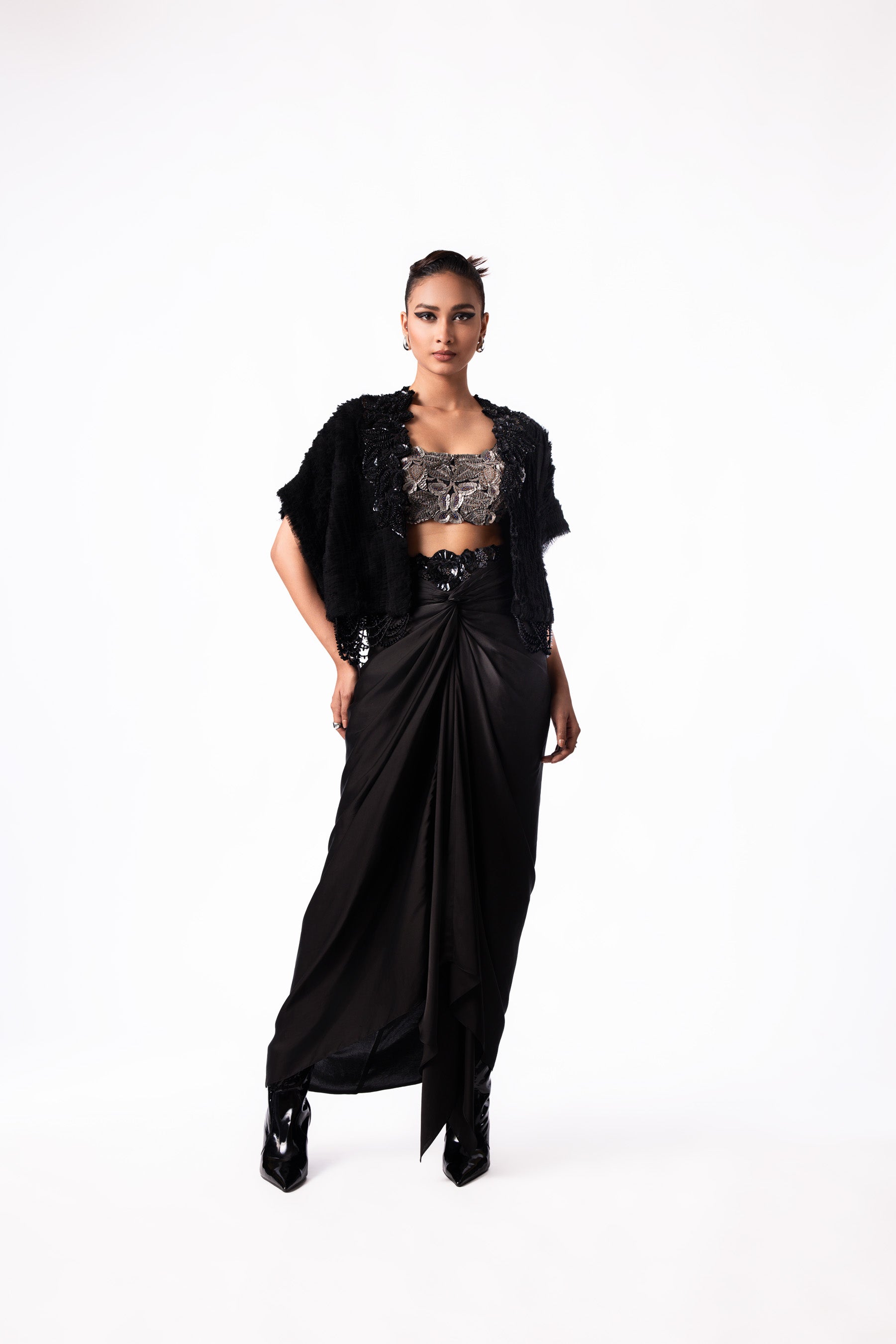 Silver Sequin Bustier Knot Skirt Gilet Set