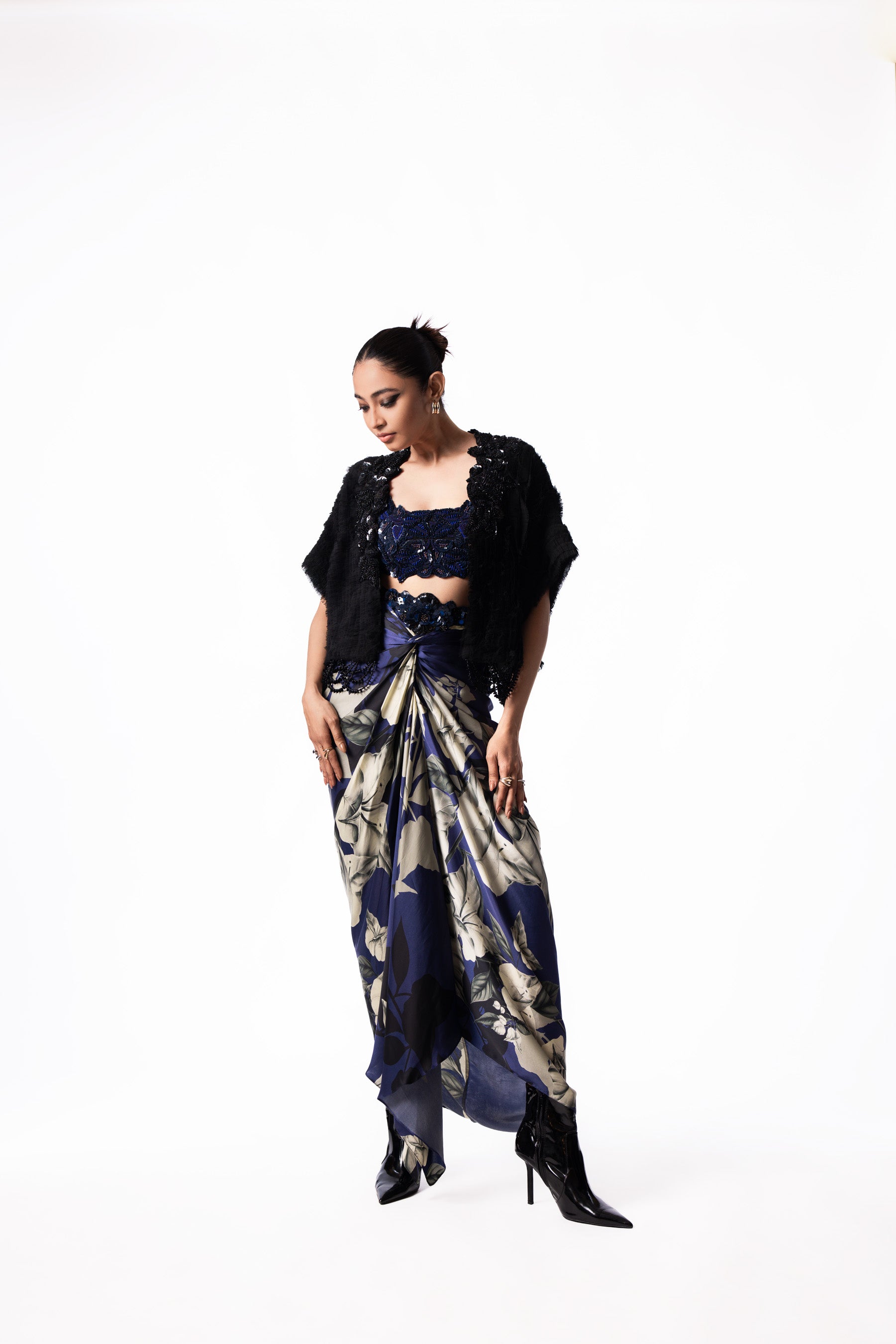 Navy Sequin Bustier Printed Knot Skirt Gilet Set