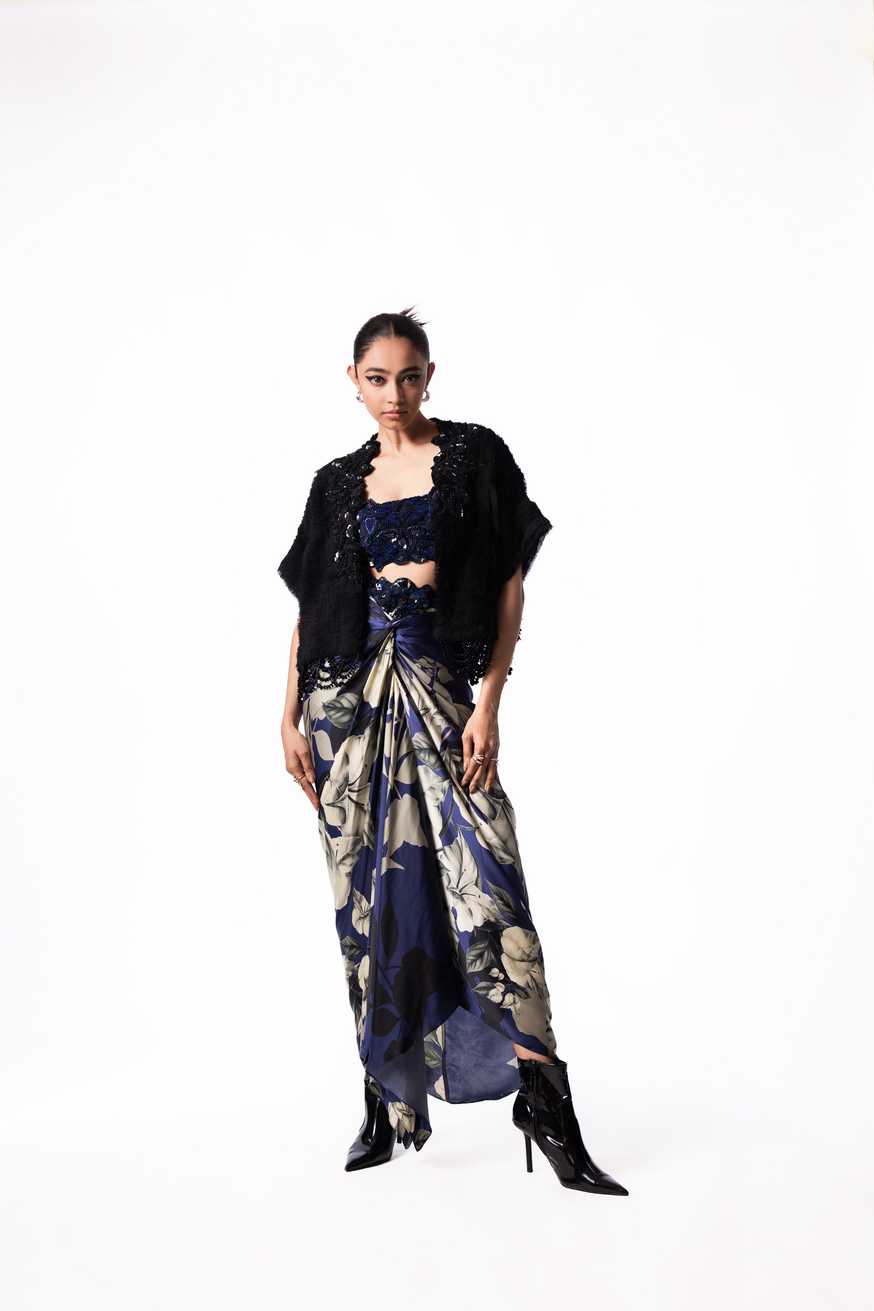 Navy Sequin Bustier Printed Knot Skirt Gilet Set