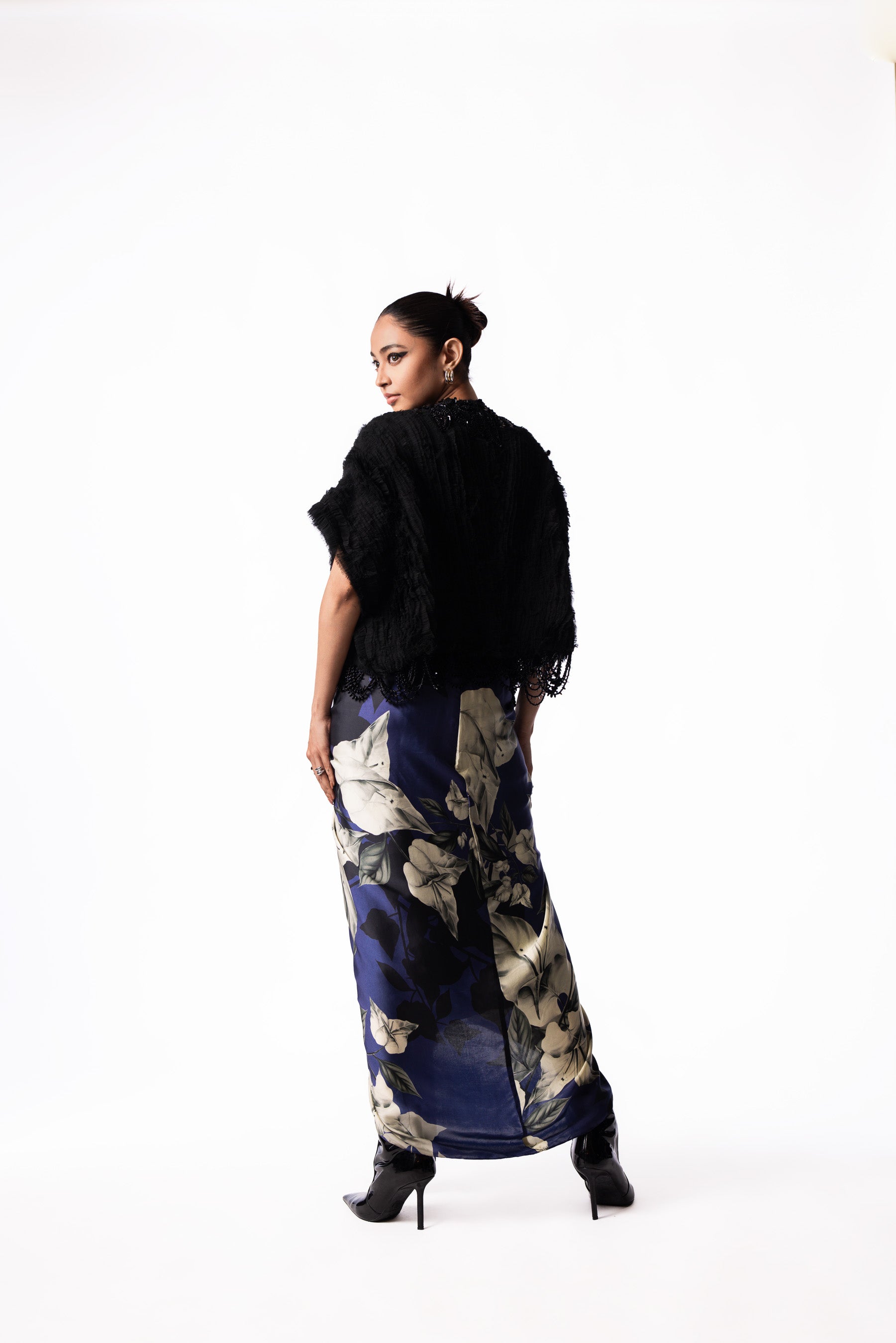 Navy Sequin Bustier Printed Knot Skirt Gilet Set
