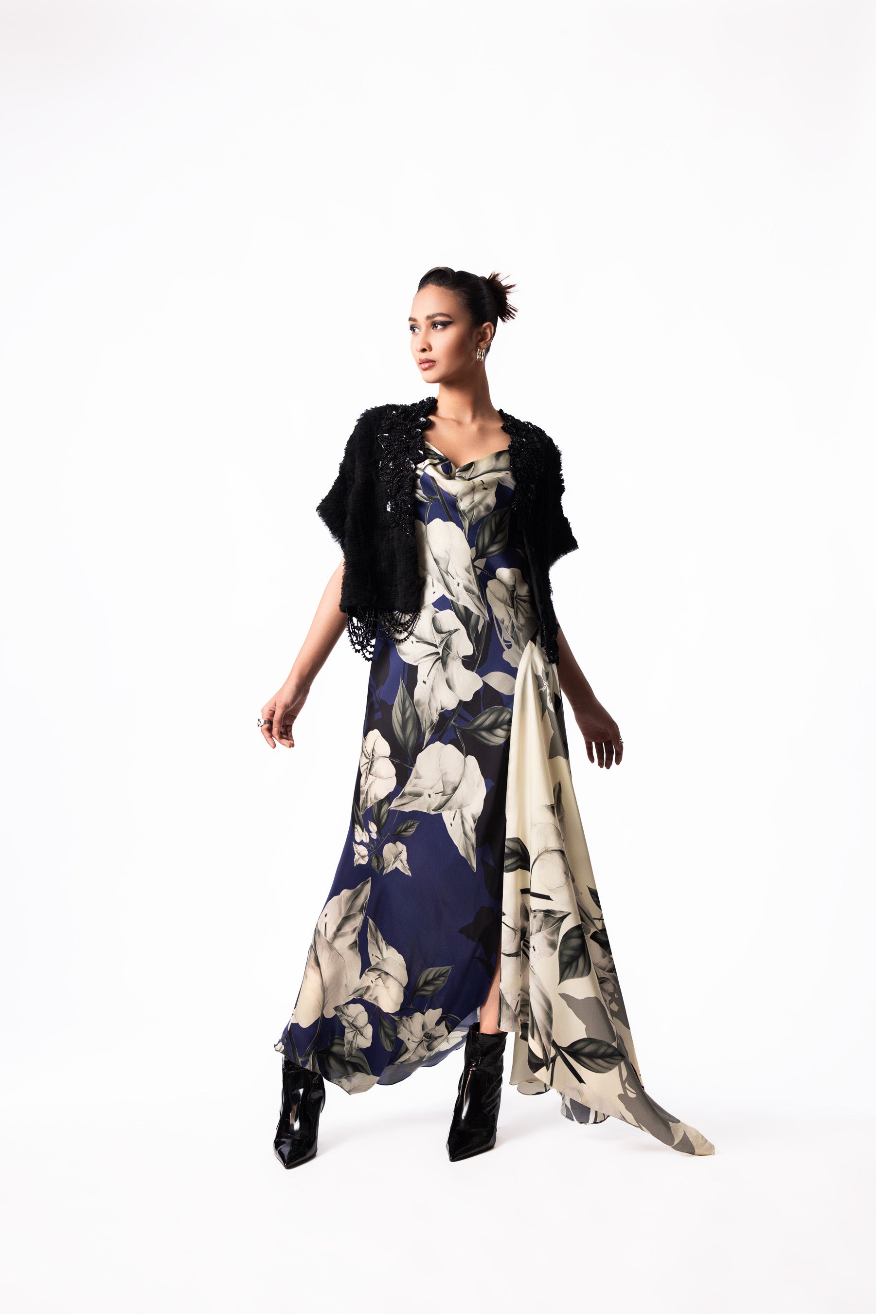 Navy Printed Satin Cowl Gilet Dress