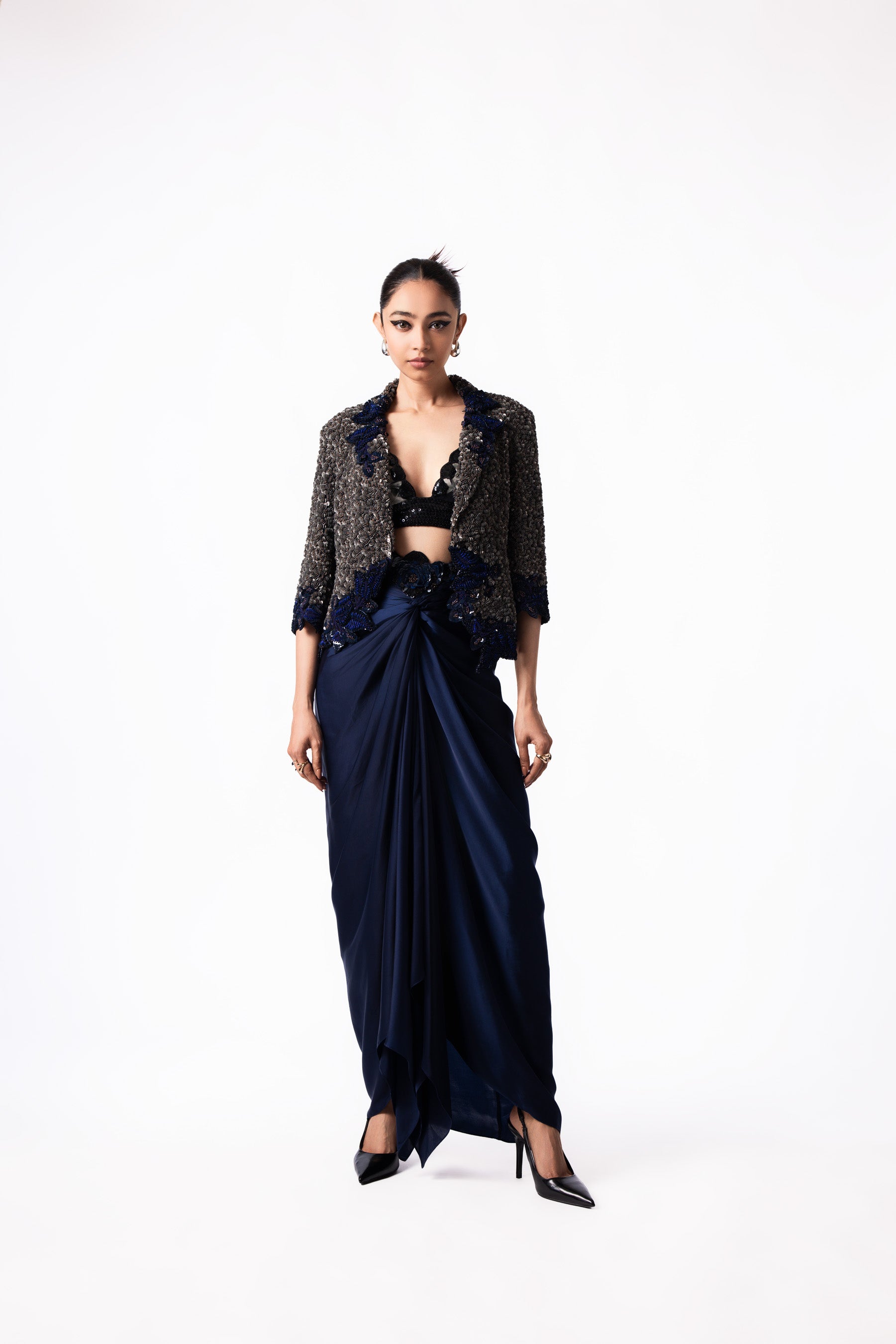 Silver Navy Sequin Blazer Plain Skirt Set