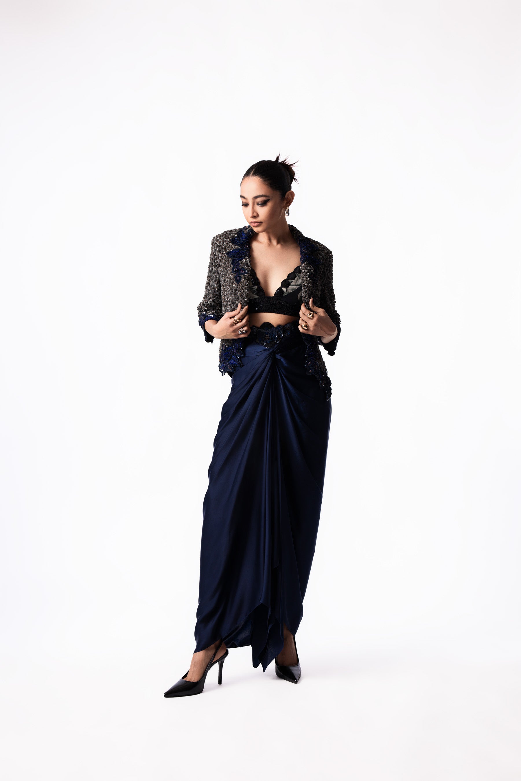 Silver Navy Sequin Blazer Plain Skirt Set