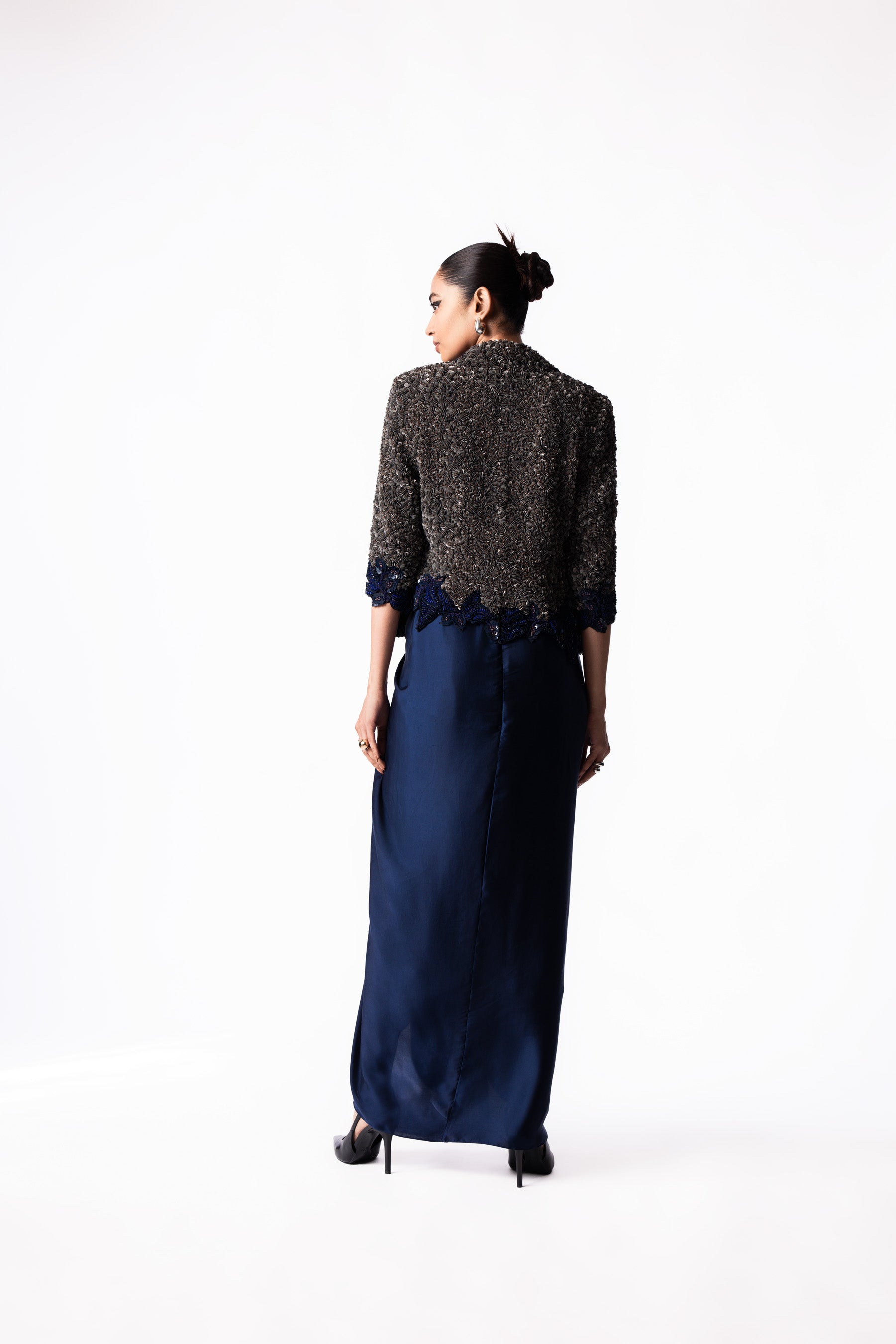 Silver Navy Sequin Blazer Plain Skirt Set