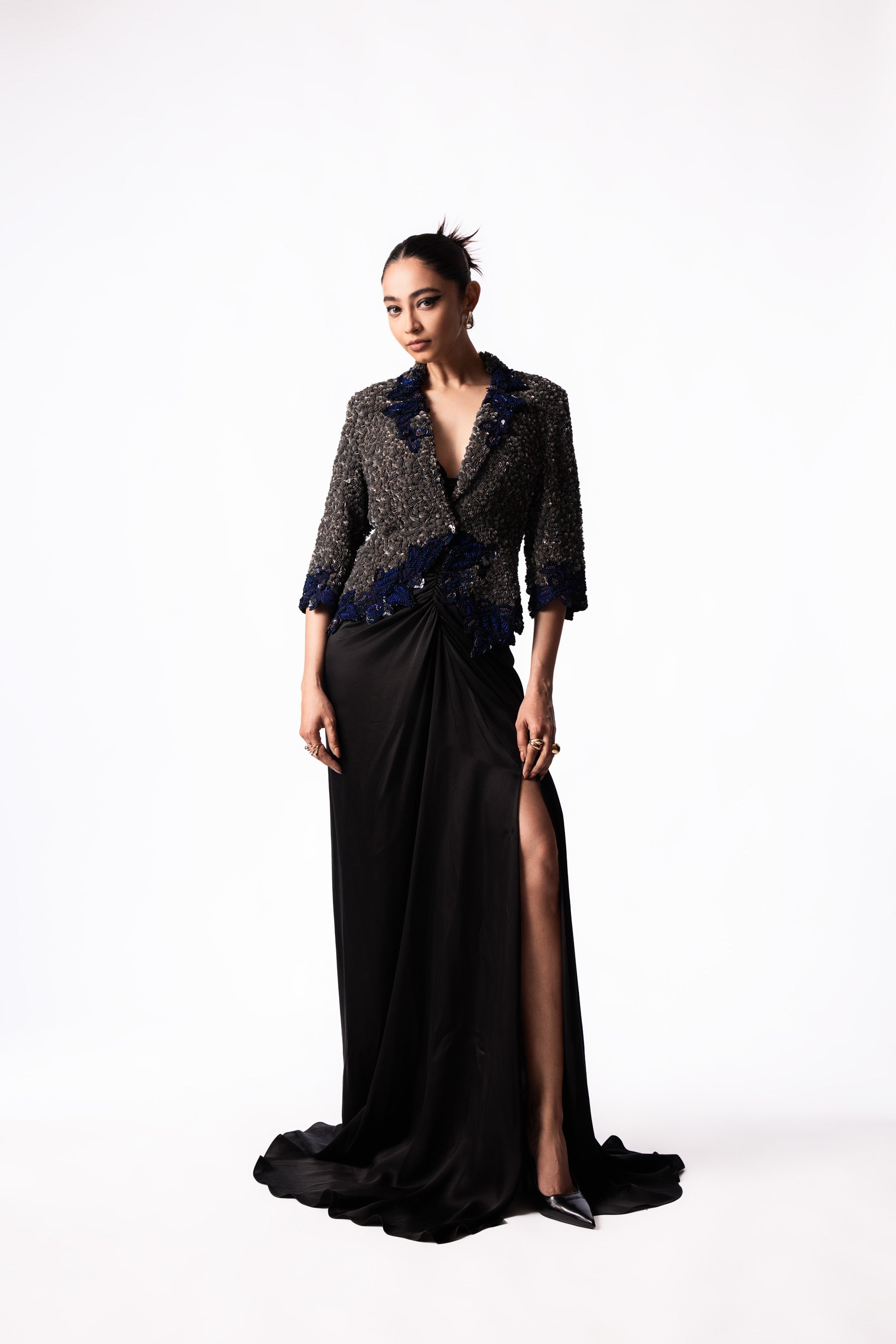 Silver Navy Sequin Blazer Trail Skirt Set
