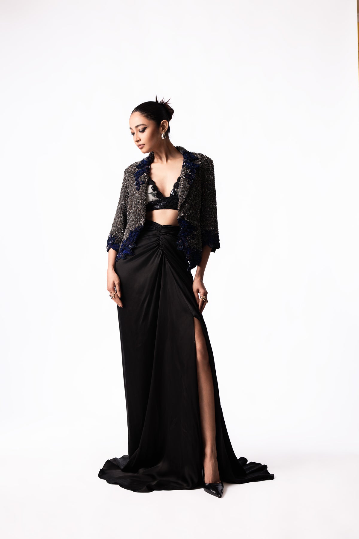 Silver Navy Sequin Blazer Trail Skirt Set