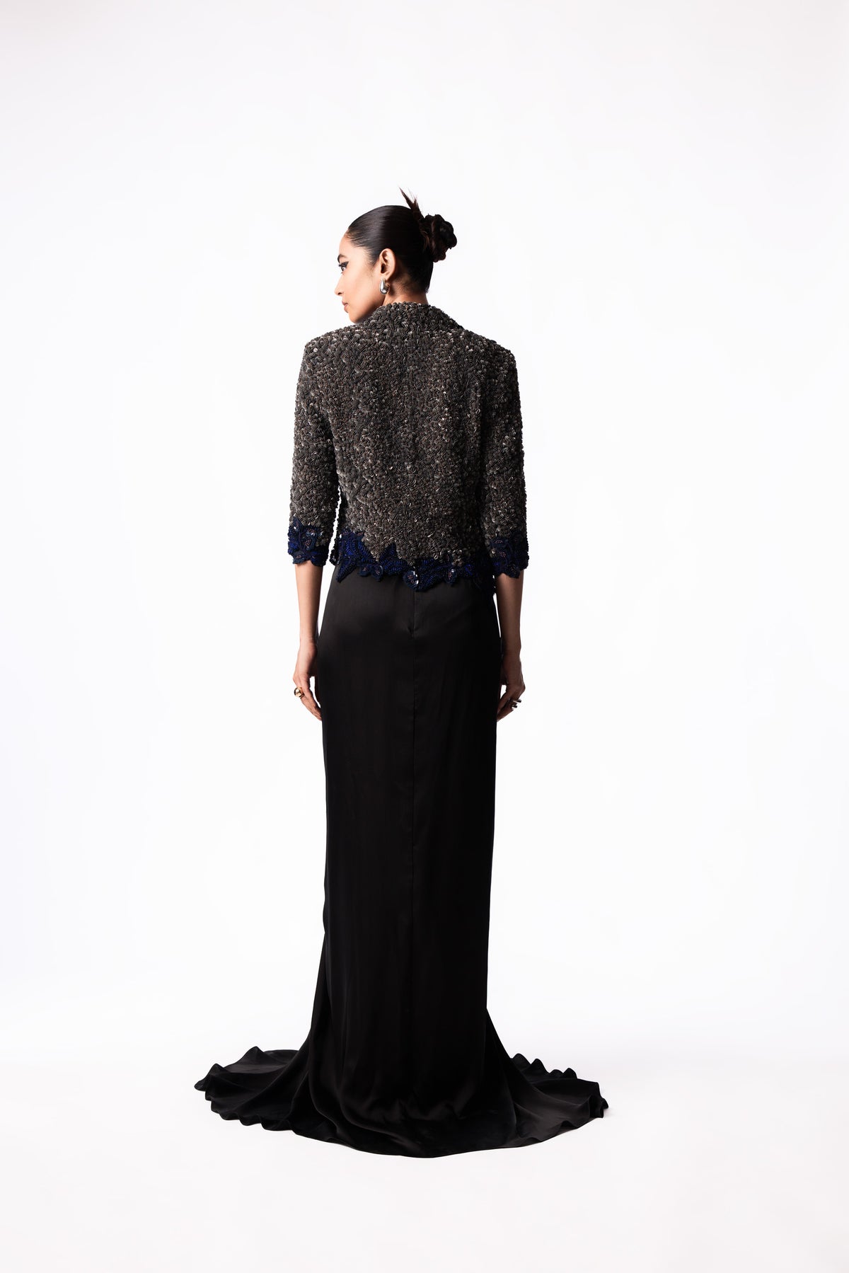 Silver Navy Sequin Blazer Trail Skirt Set