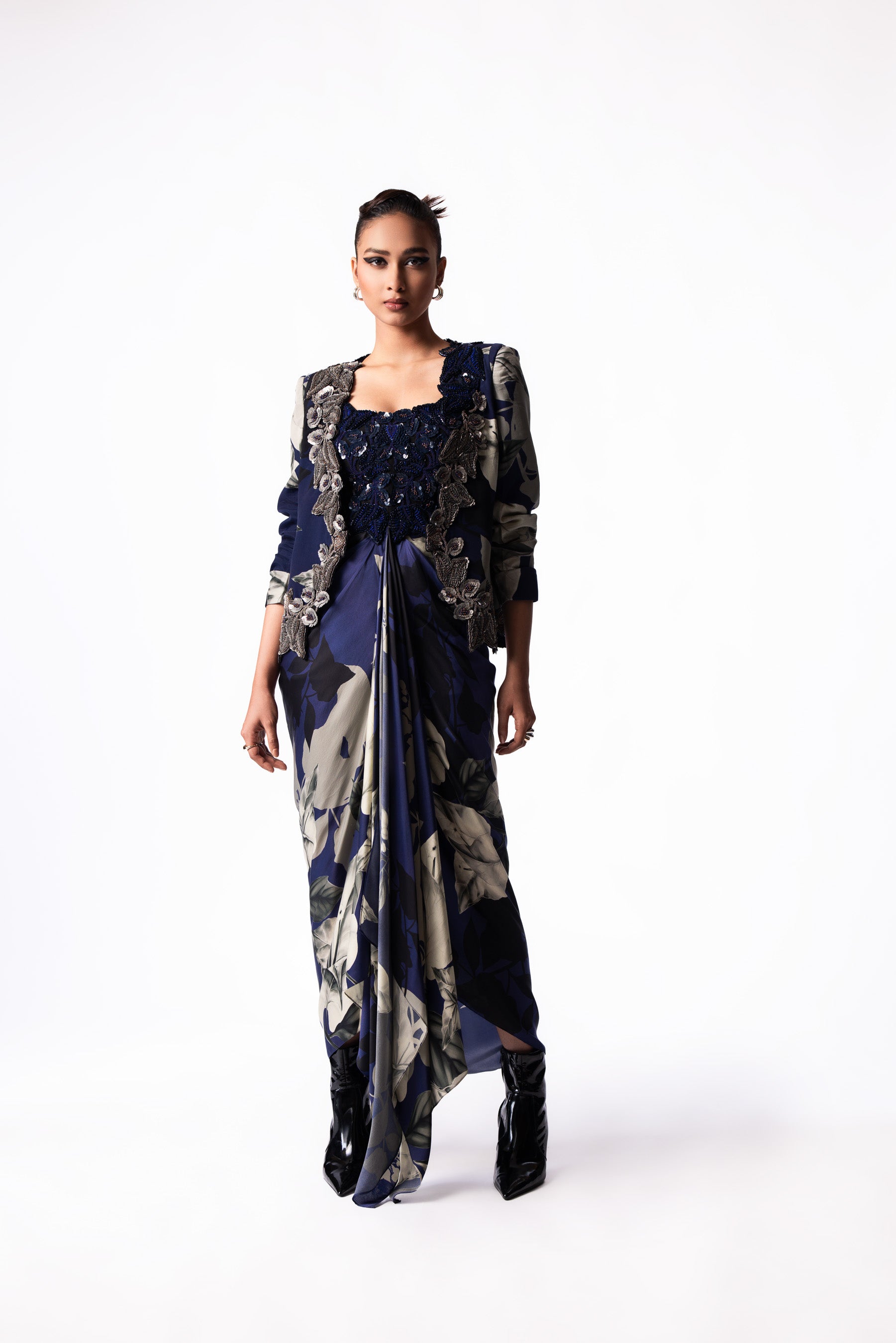 Navy Printed Draped Bustier Slit Blazer Dress