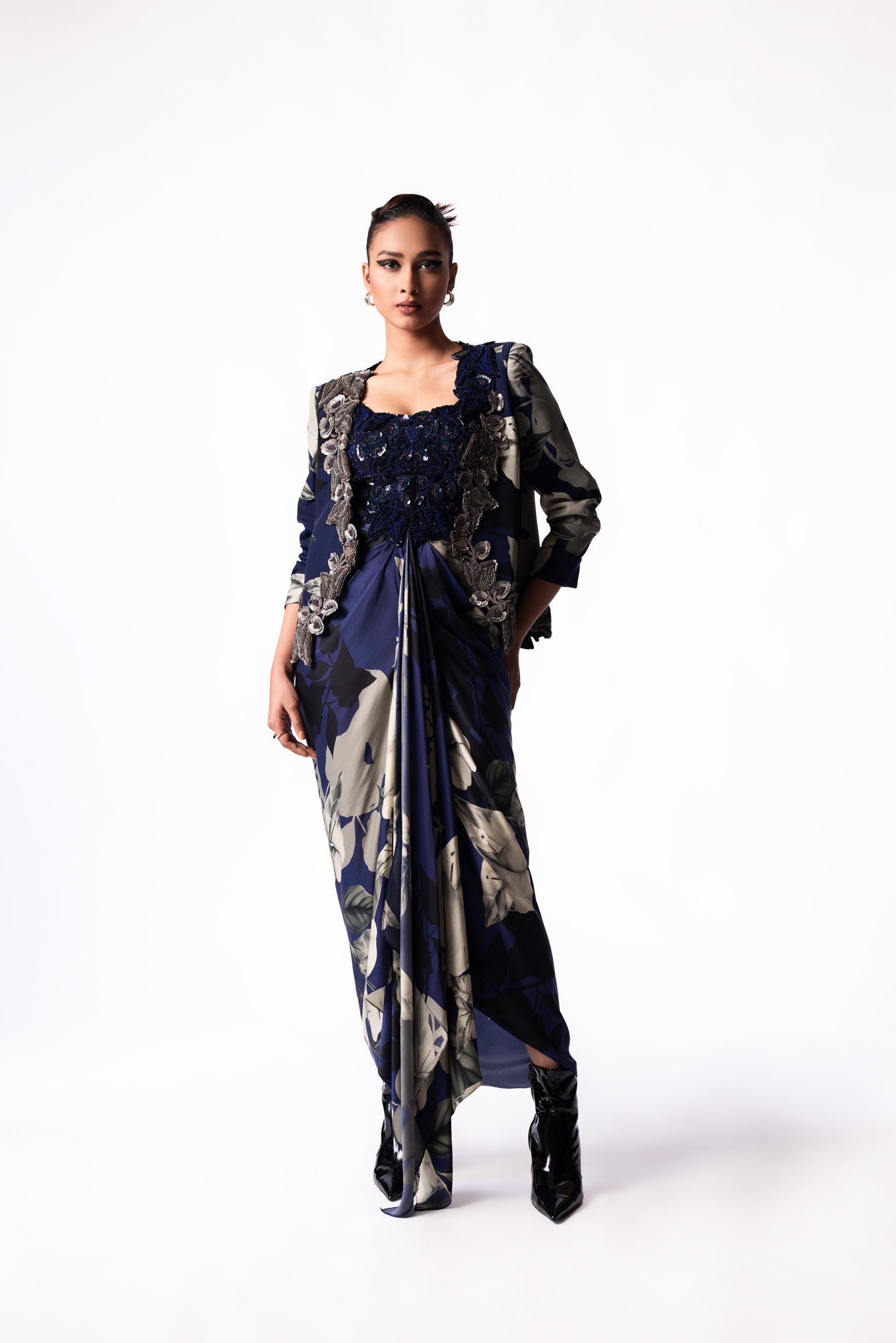 Navy Printed Draped Bustier Slit Blazer Dress