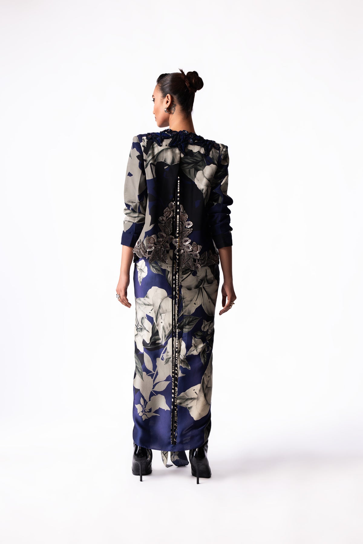 Navy Printed Draped Bustier Slit Blazer Dress