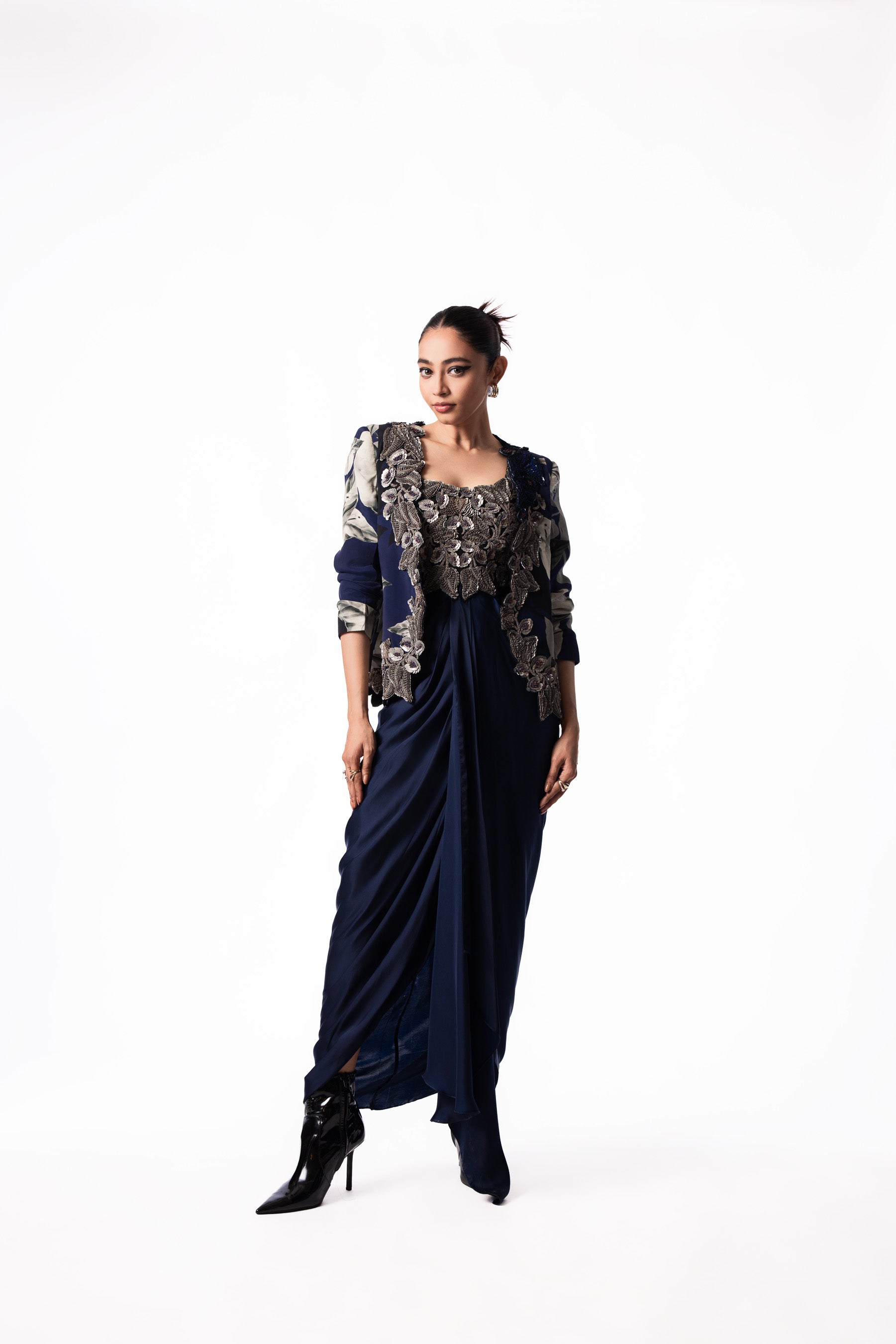 Silver Sequin Draped Bustier Slit Blazer Dress
