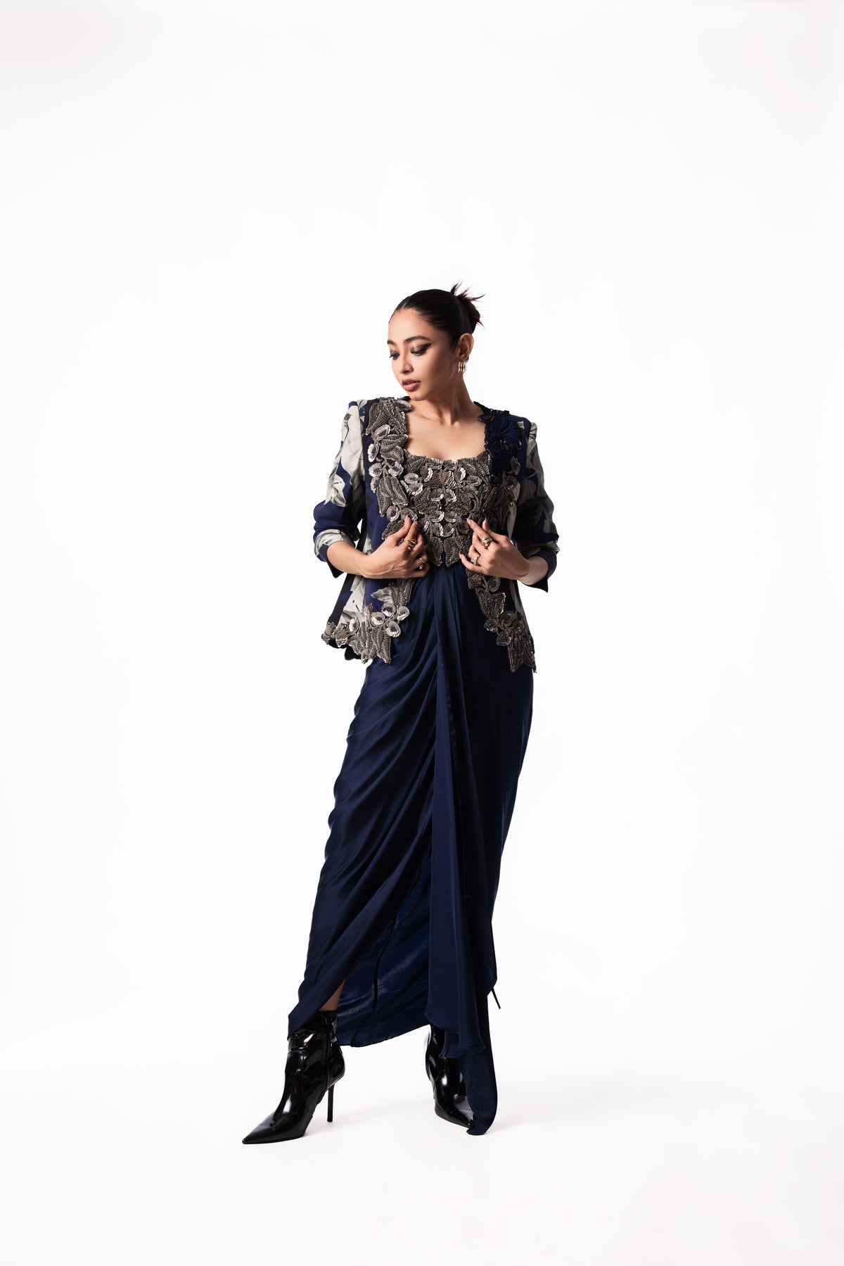 Silver Sequin Draped Bustier Slit Blazer Dress