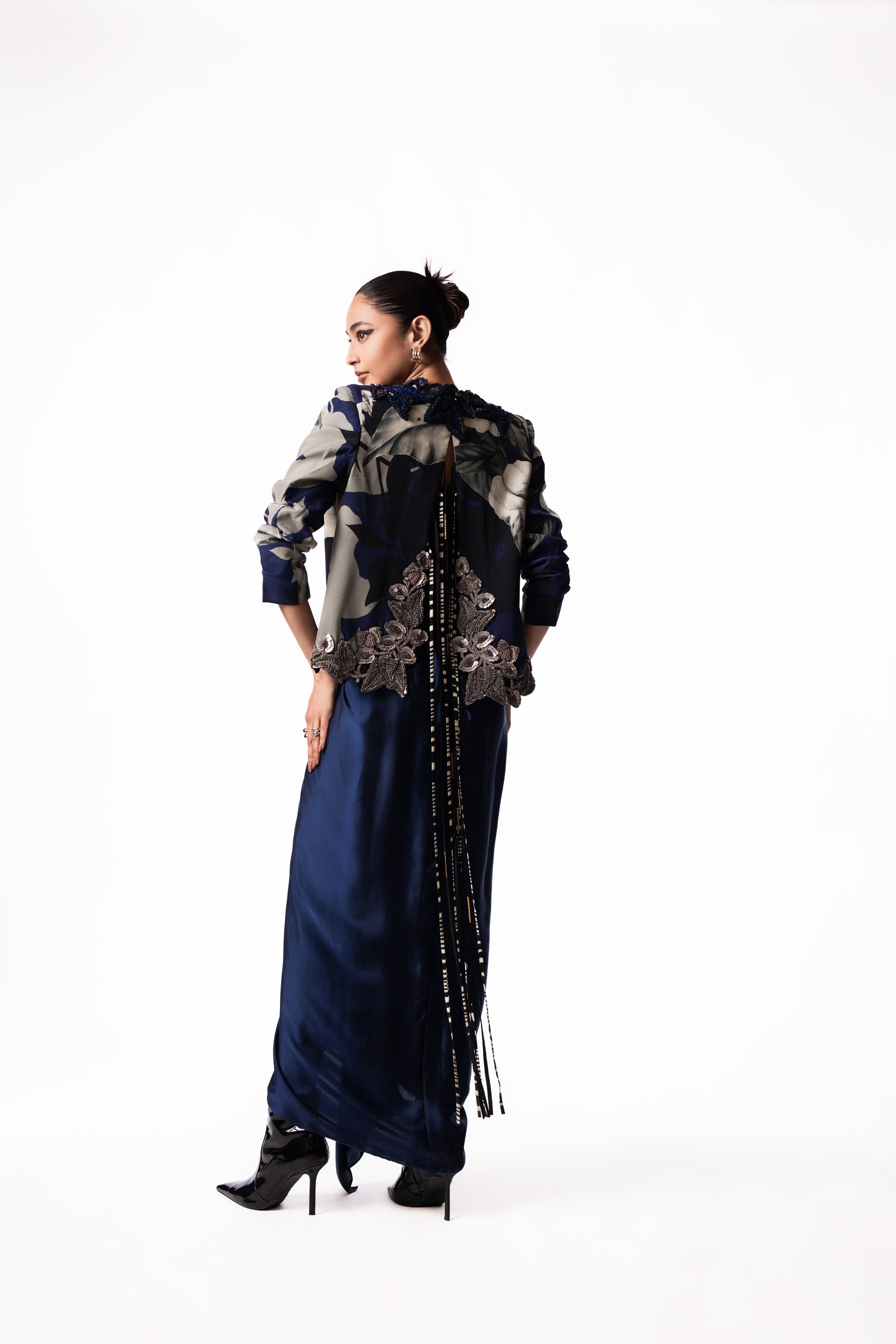 Silver Sequin Draped Bustier Slit Blazer Dress