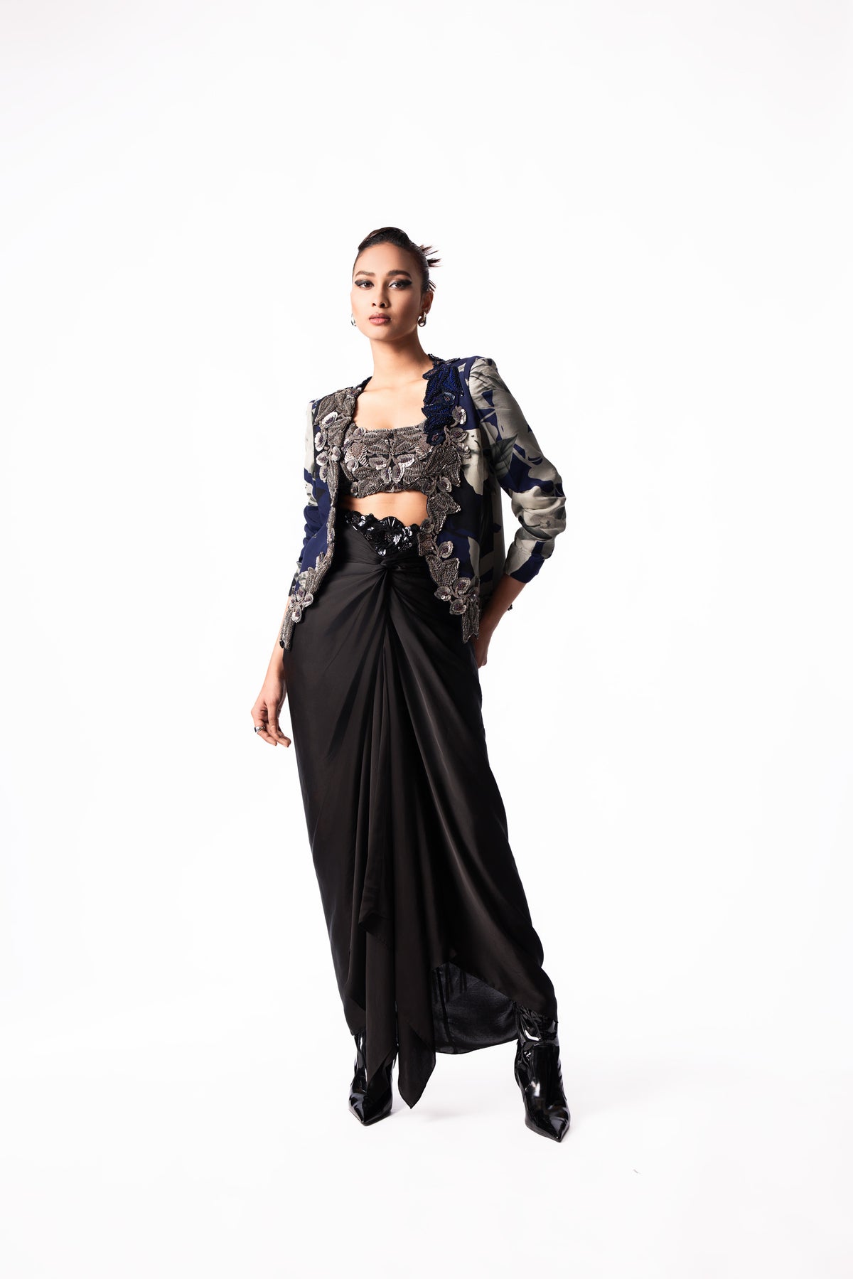 Silver Sequin Bustier Knot Skirt Slit Blazer Set