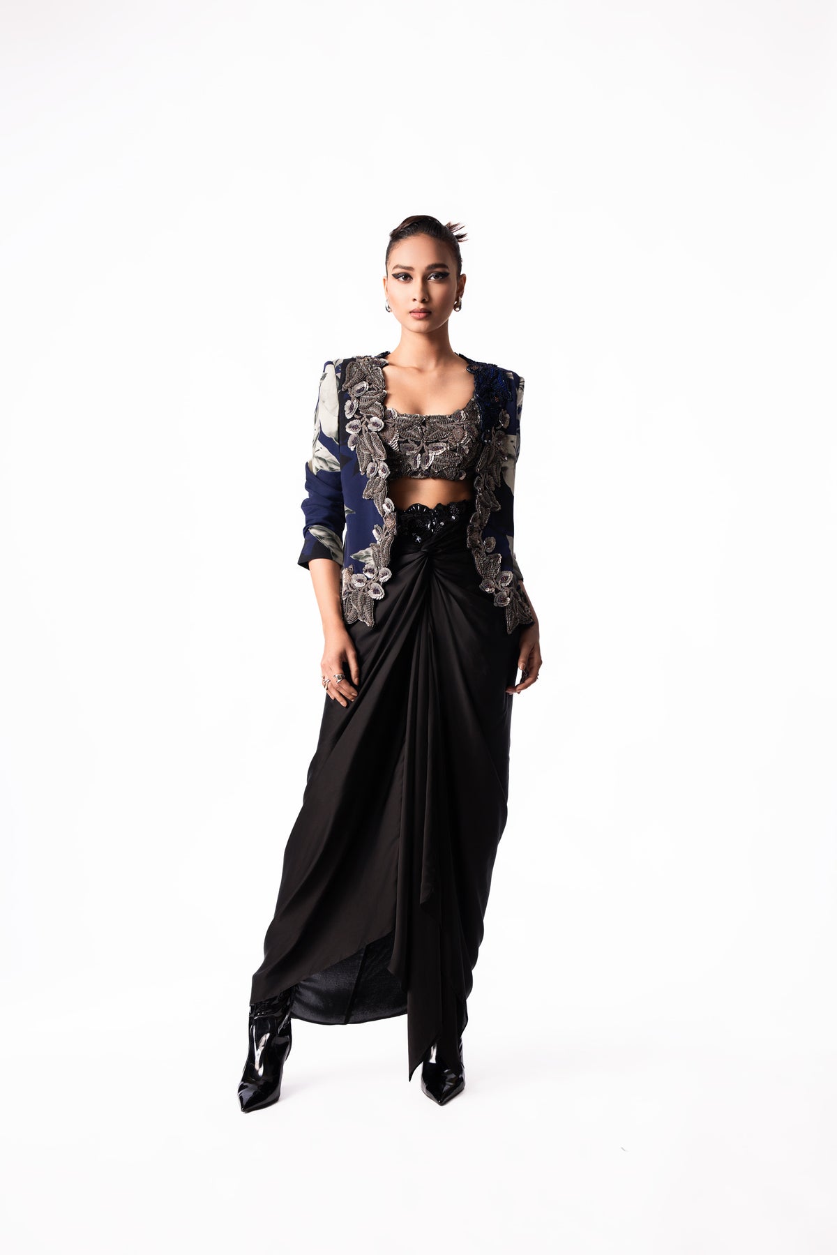 Silver Sequin Bustier Knot Skirt Slit Blazer Set