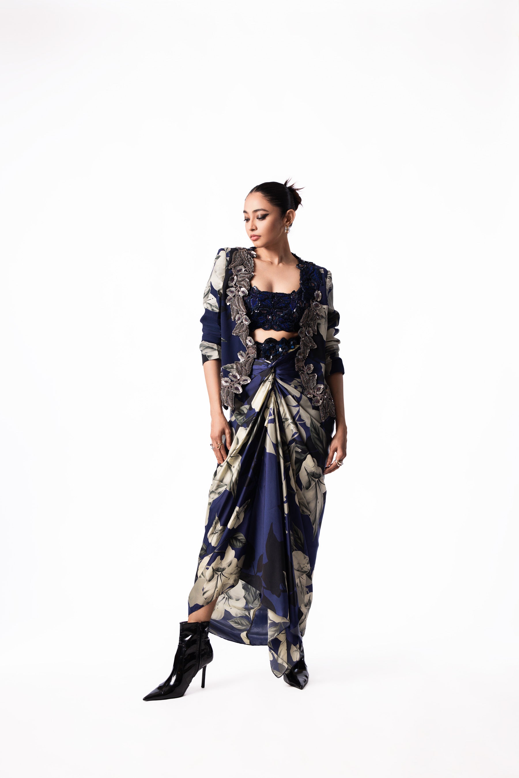 Navy Sequin Bustier Printed Skirt Slit Blazer Set